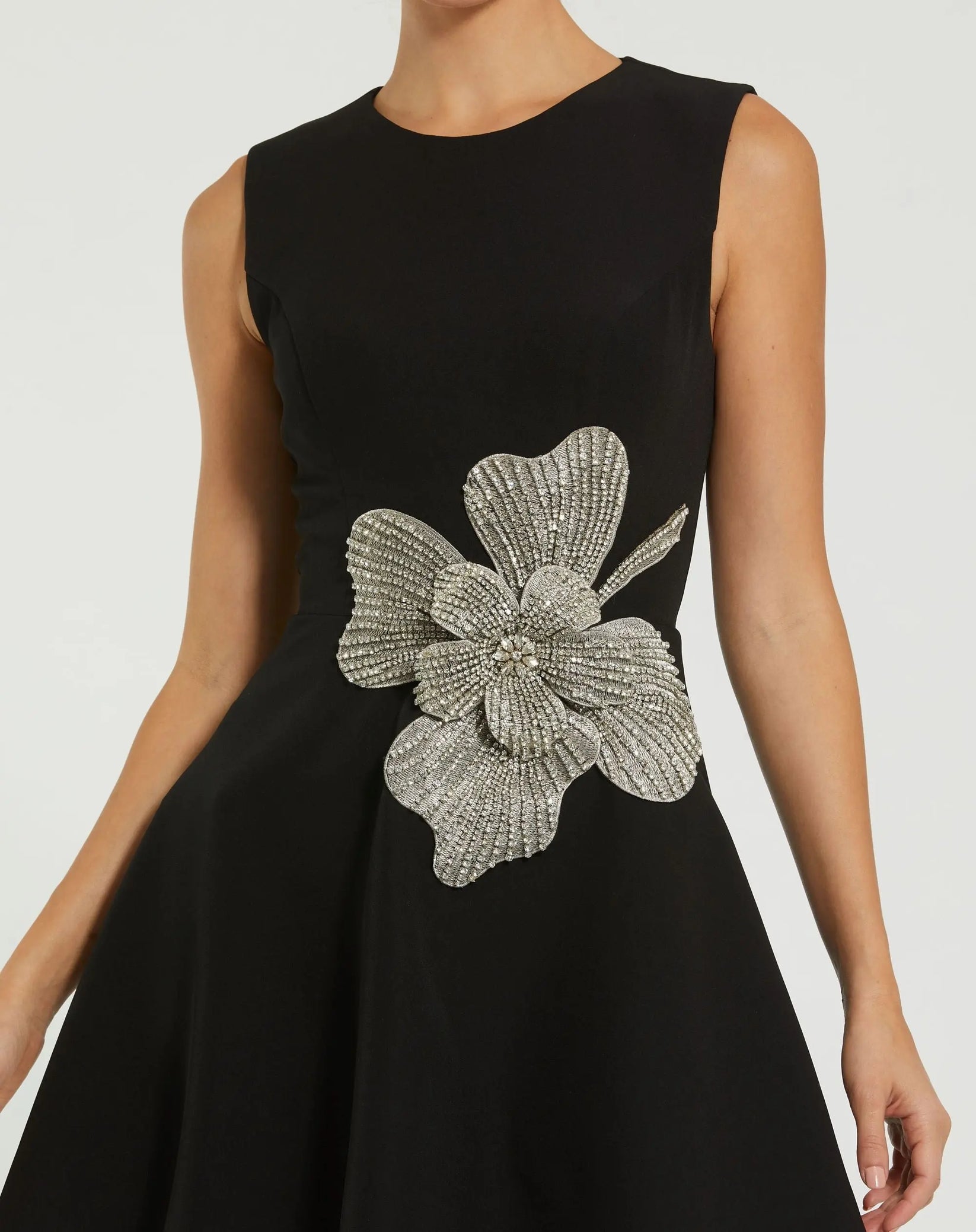 Black Sleeveless Crepe Mini Dress With Rhinestone Flower