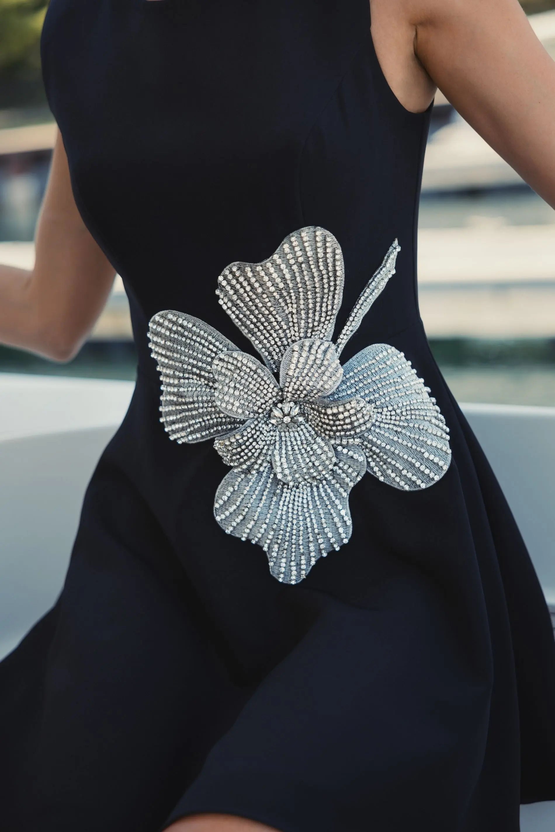 Black Crepe Sleeveless Mini Dress With Rhinestone Flower - Mac Duggal