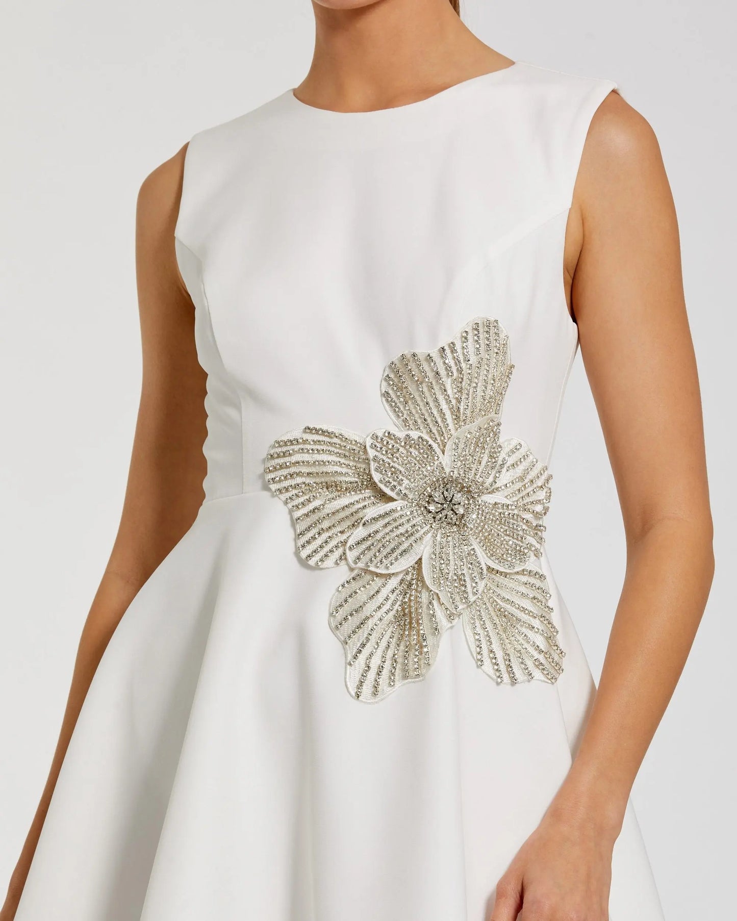White Sleeveless Crepe Mini Dress With Rhinestone Flower | Mac Duggal White Sleeveless Crepe Mini Dress With Rhinestone Flower | Mac Duggal
