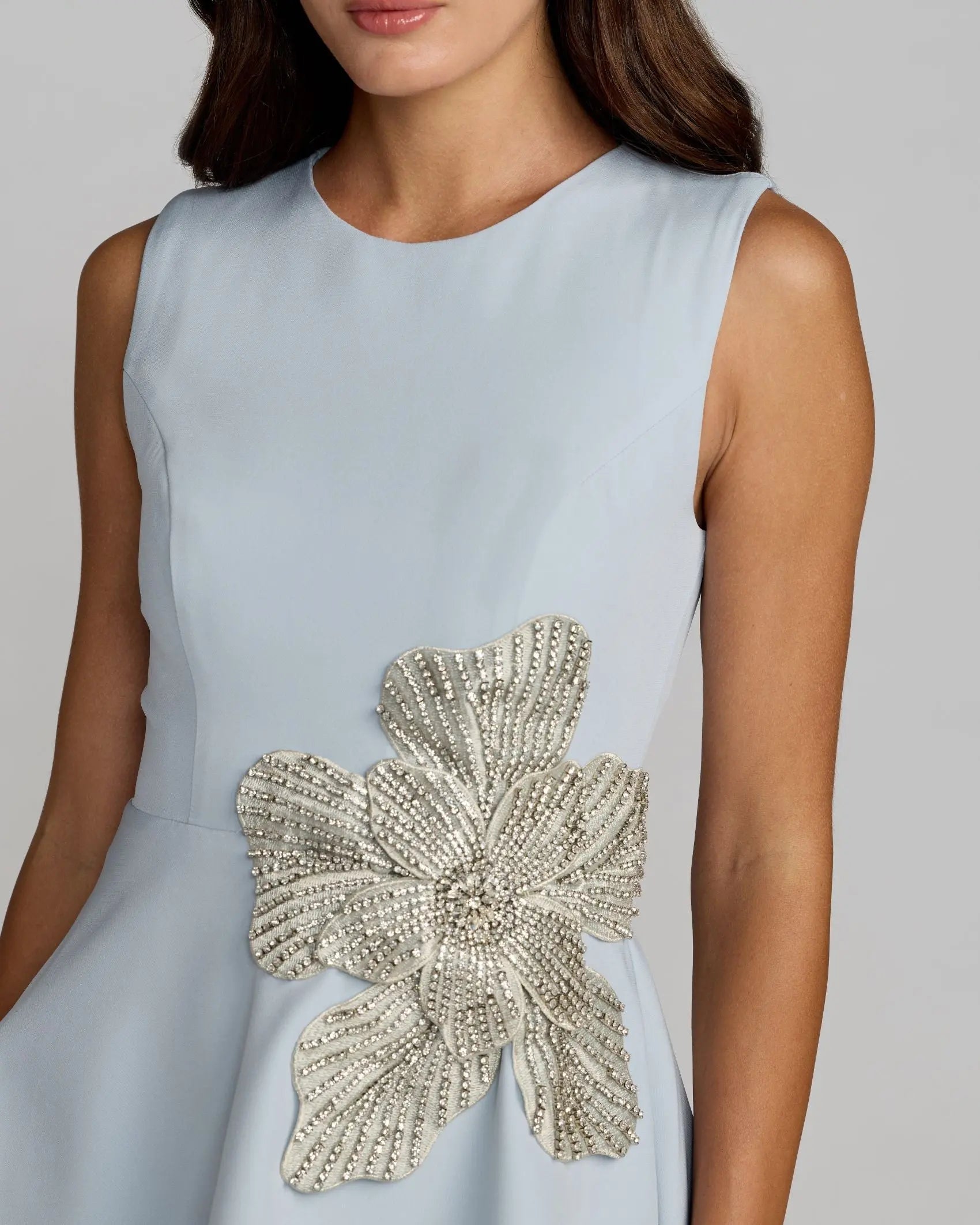 Blue Crepe Sleeveless Mini Dress With Rhinestone Flower | Mac Duggal
