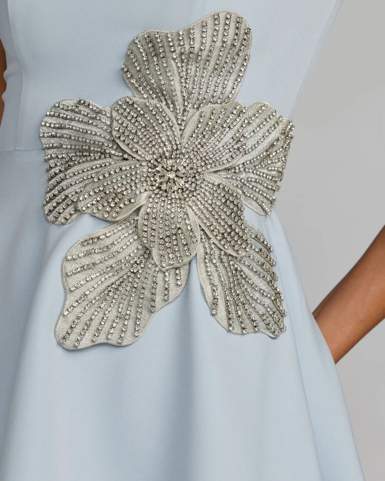 crepe sleeveless mini dress with rhinestone flower Mac Duggal Sleeveless Rhinestone Flower Crepe A-Line Mini Dress