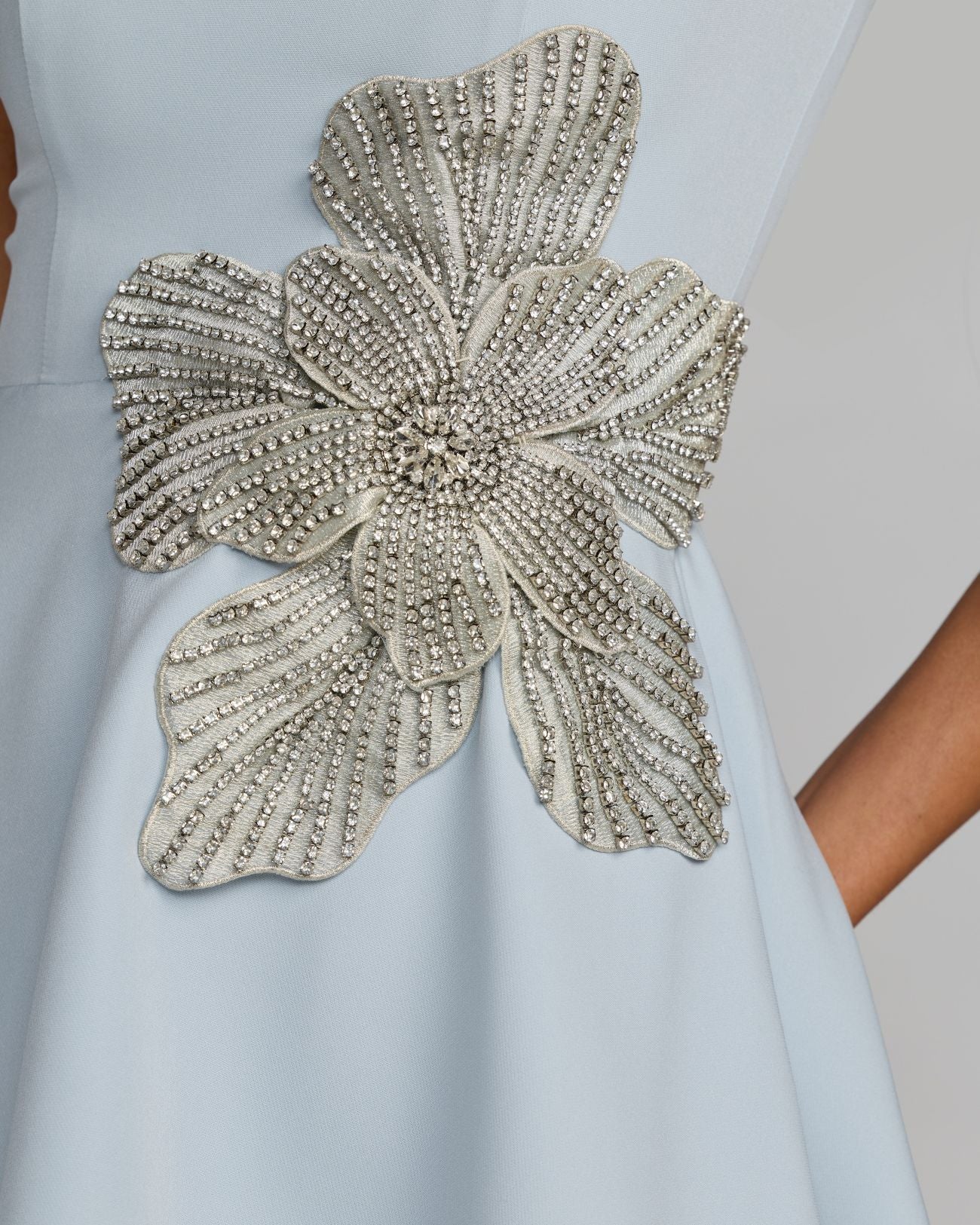 Blue Crepe Sleeveless Mini Dress With Rhinestone Flower Mac Duggal