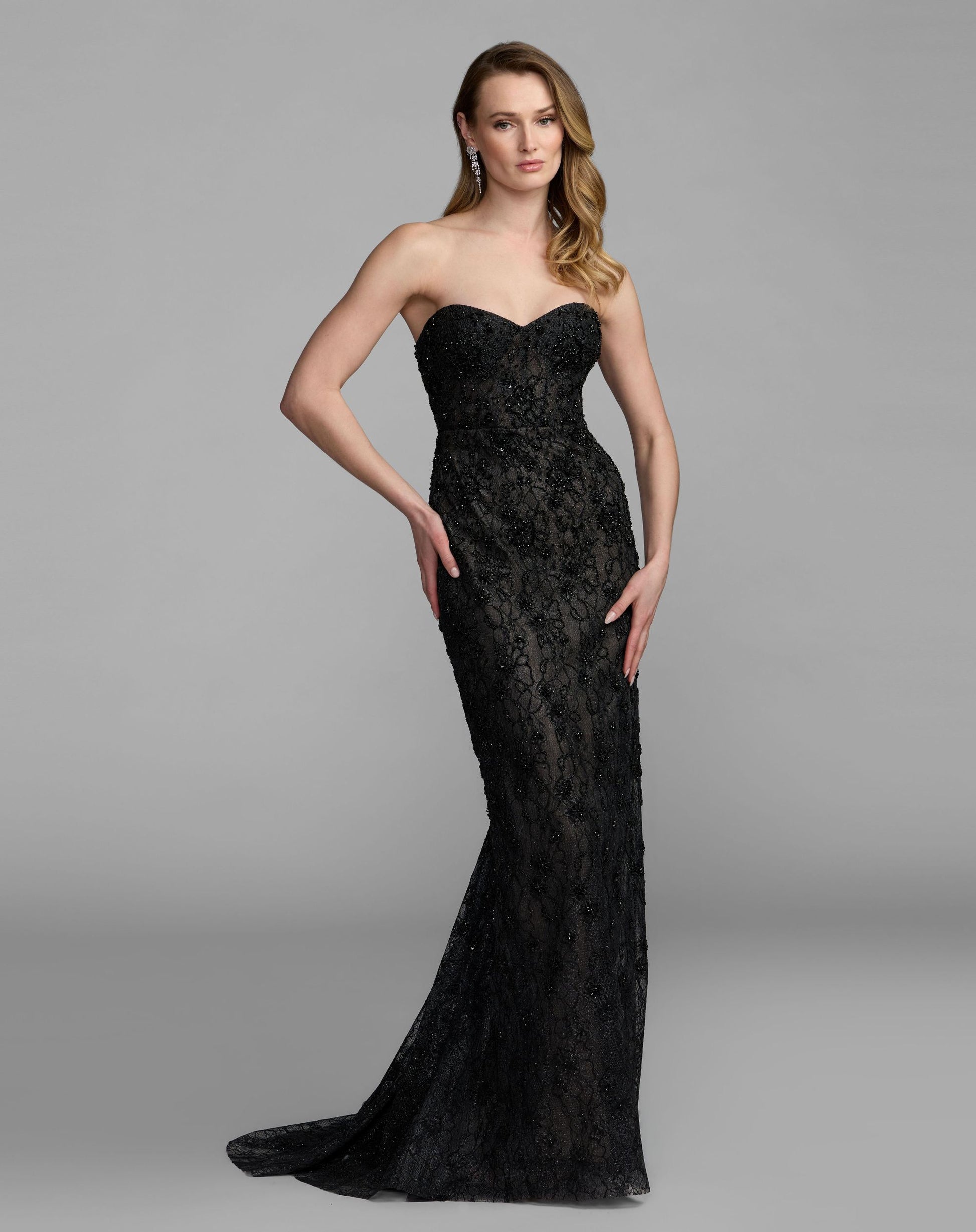 Black Embellished Strapless Bustier Gown With Sweeping Train - Mac Duggal