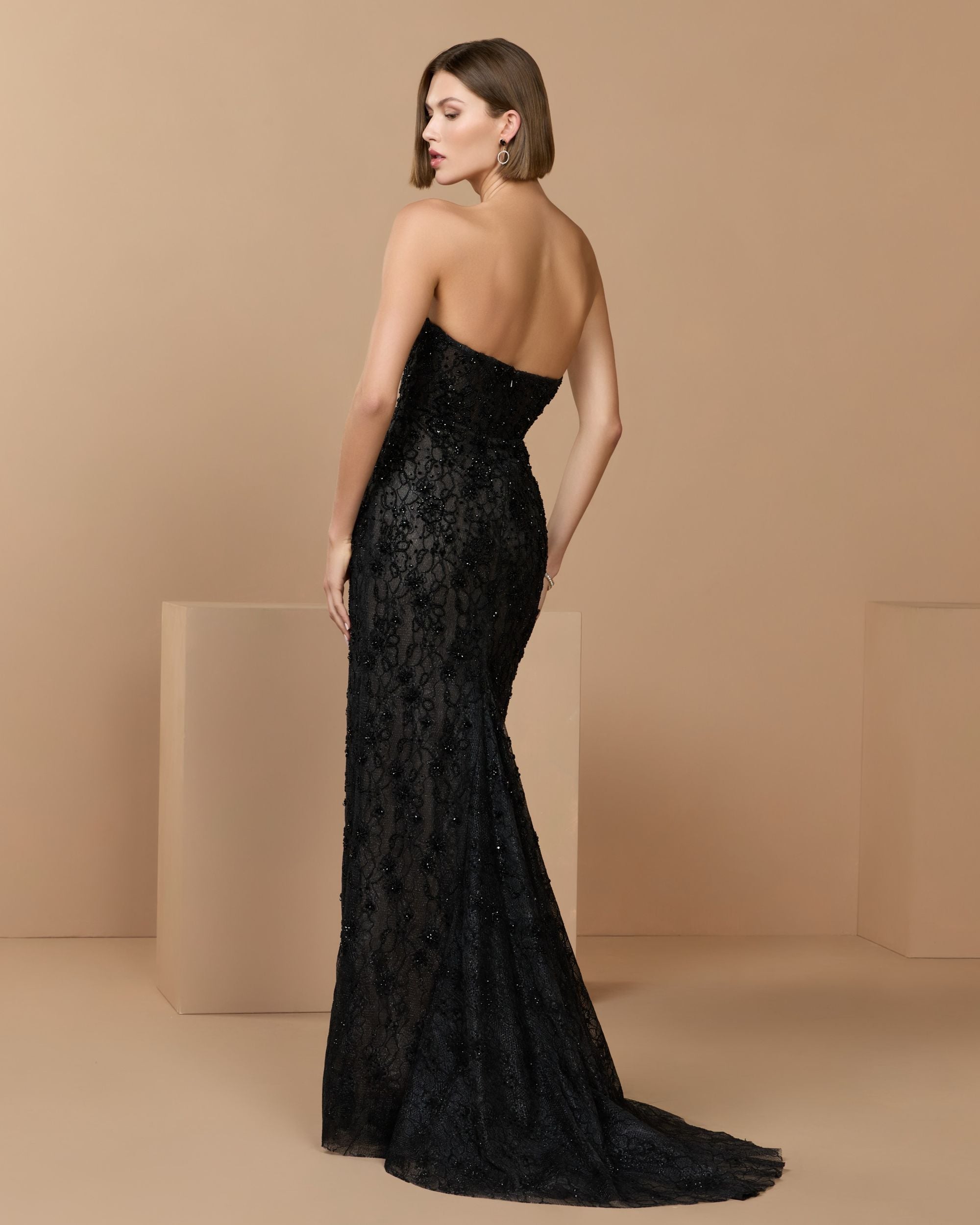 Black Embellished Strapless Bustier Gown With Sweeping Train - Mac Duggal