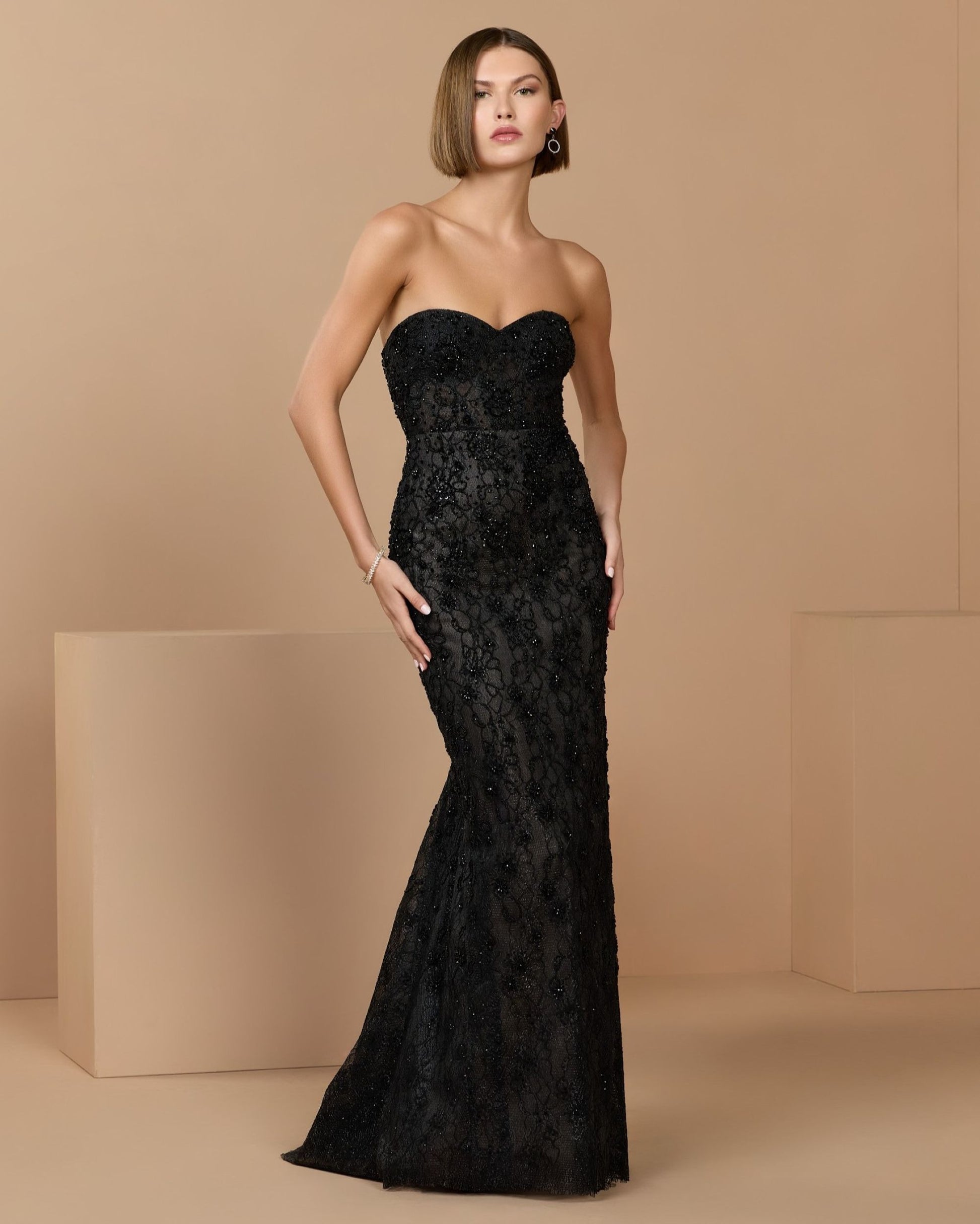 Black Embellished Strapless Bustier Gown With Sweeping Train - Mac Duggal