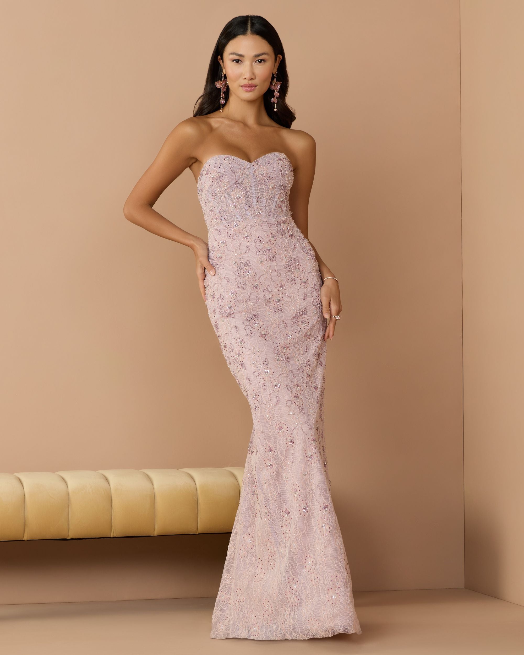 Pink Embellished Strapless Bustier Gown With Sweeping Train