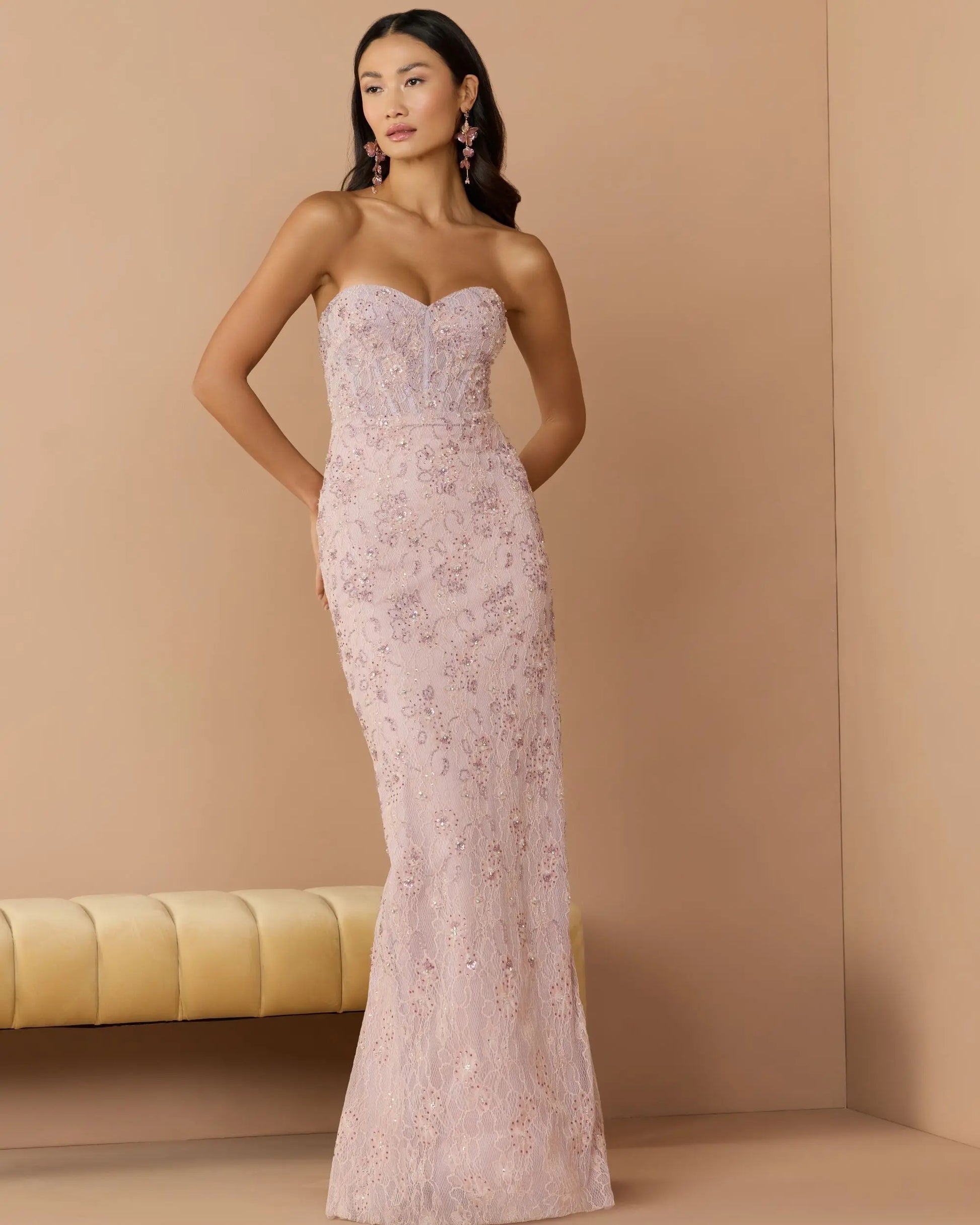 Pink Embellished Strapless Bustier Gown With Sweeping Train