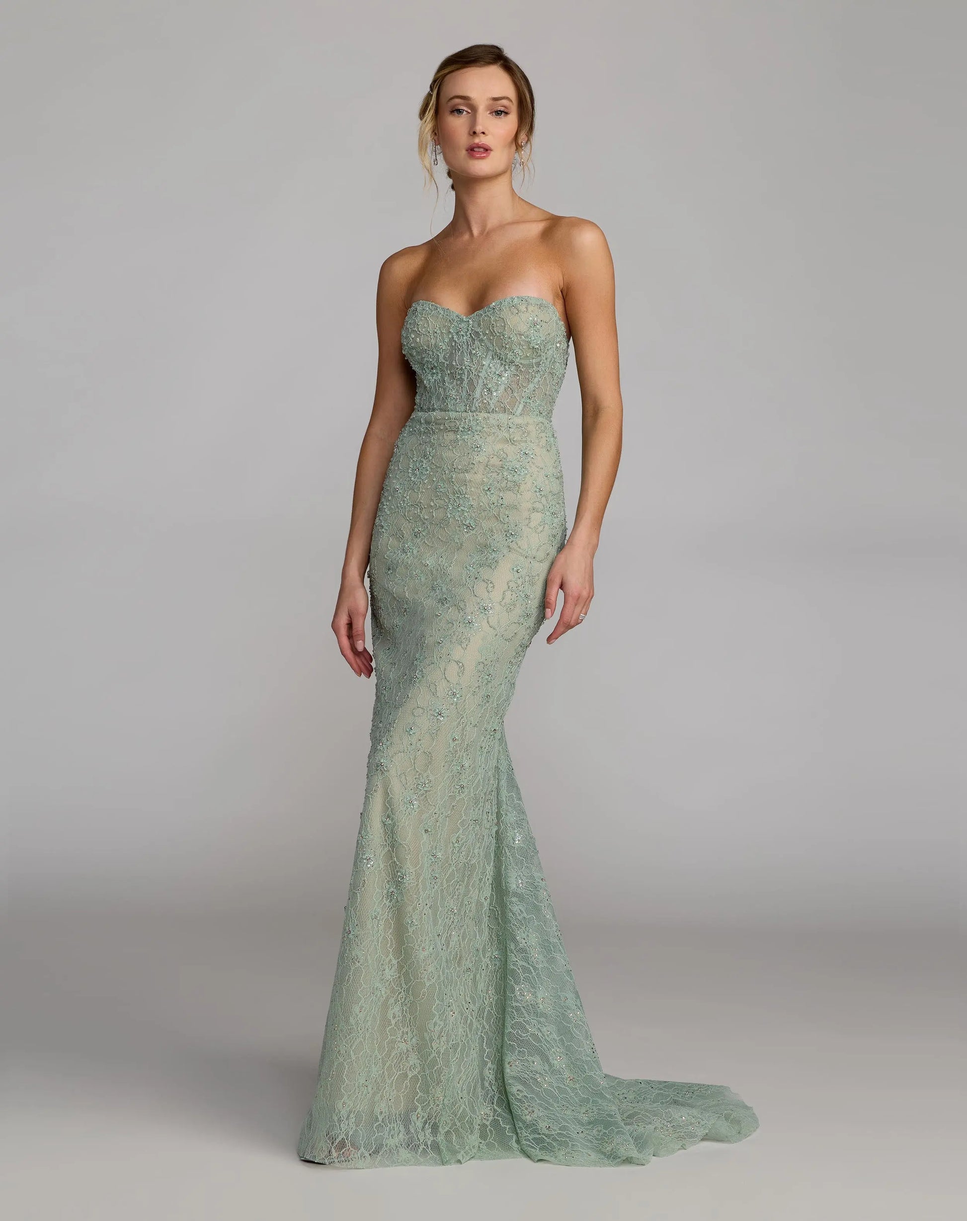 Green Embellished Strapless Bustier Gown With Sweeping Train | Mac Duggal Green Embellished Strapless Bustier Gown With Sweeping Train | Mac Duggal
