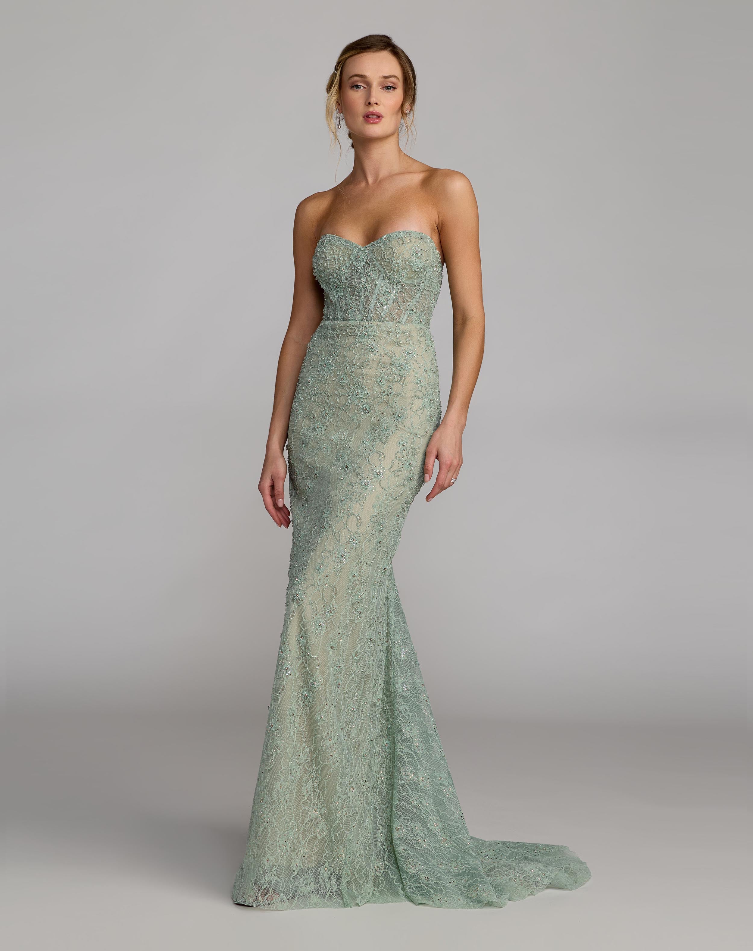 Green Embellished Strapless Bustier Gown With Sweeping Train Mac Duggal