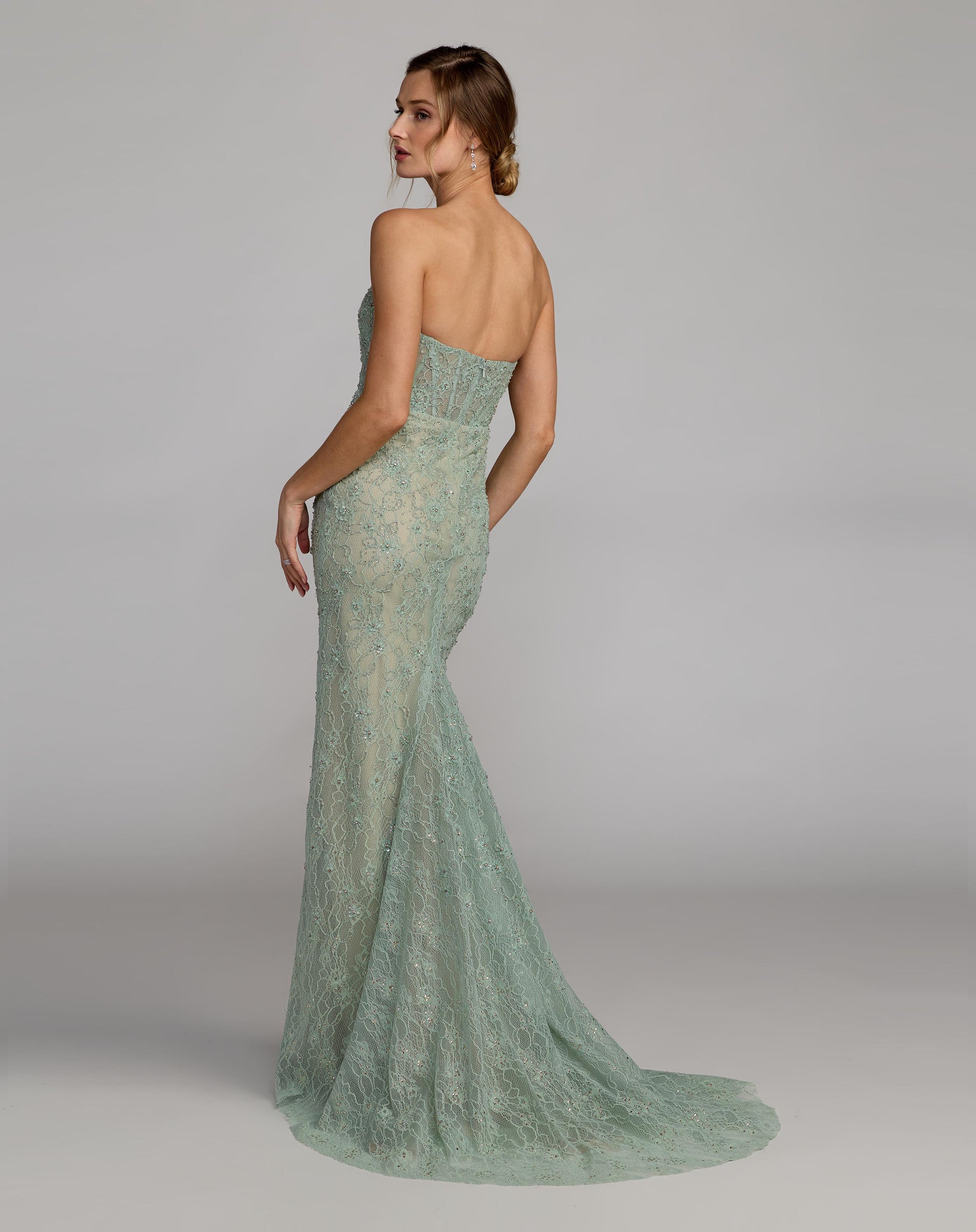 Green Embellished Strapless Bustier Gown With Sweeping Train Mac Duggal