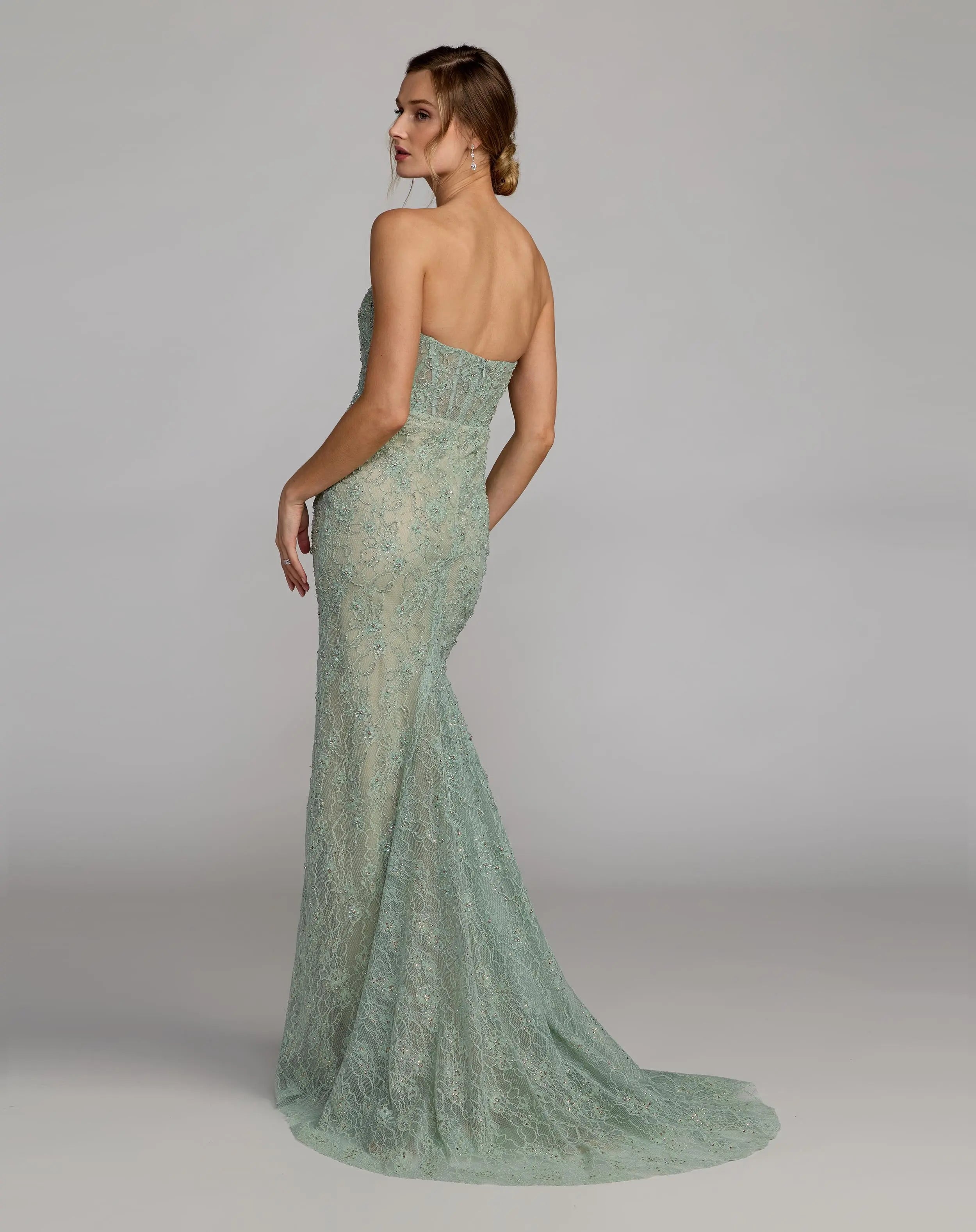 Green Embellished Strapless Bustier Gown With Sweeping Train Mac Duggal