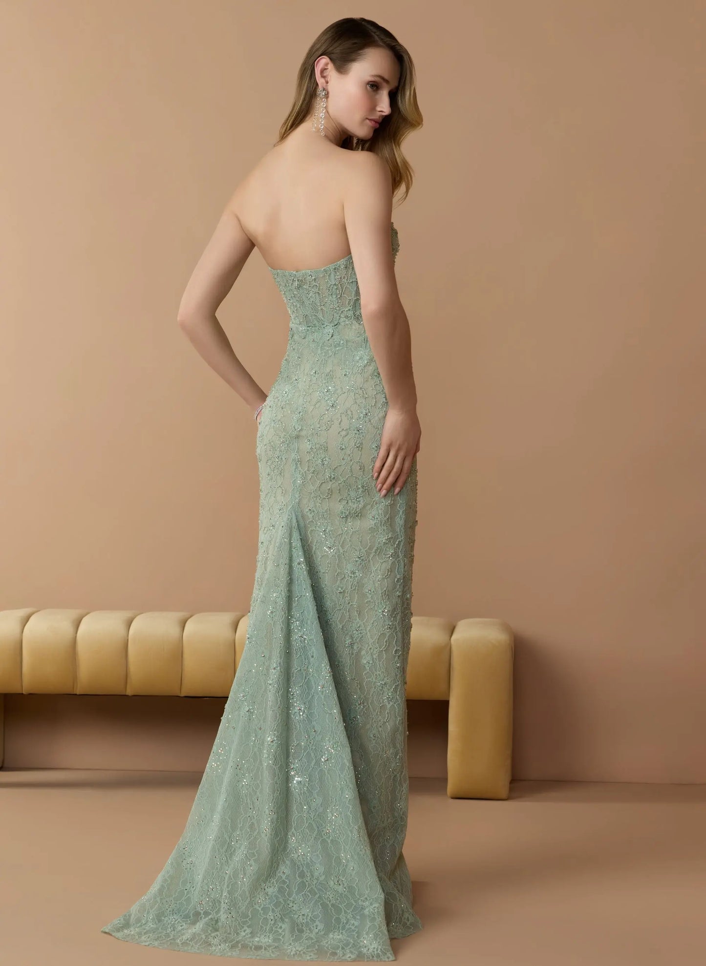 Green Embellished Strapless Bustier Gown With Sweeping Train Mac Duggal
