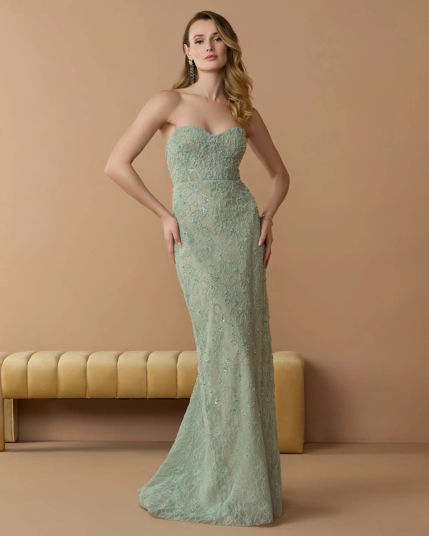 Green Embellished Strapless Bustier Gown With Sweeping Train Mac Duggal