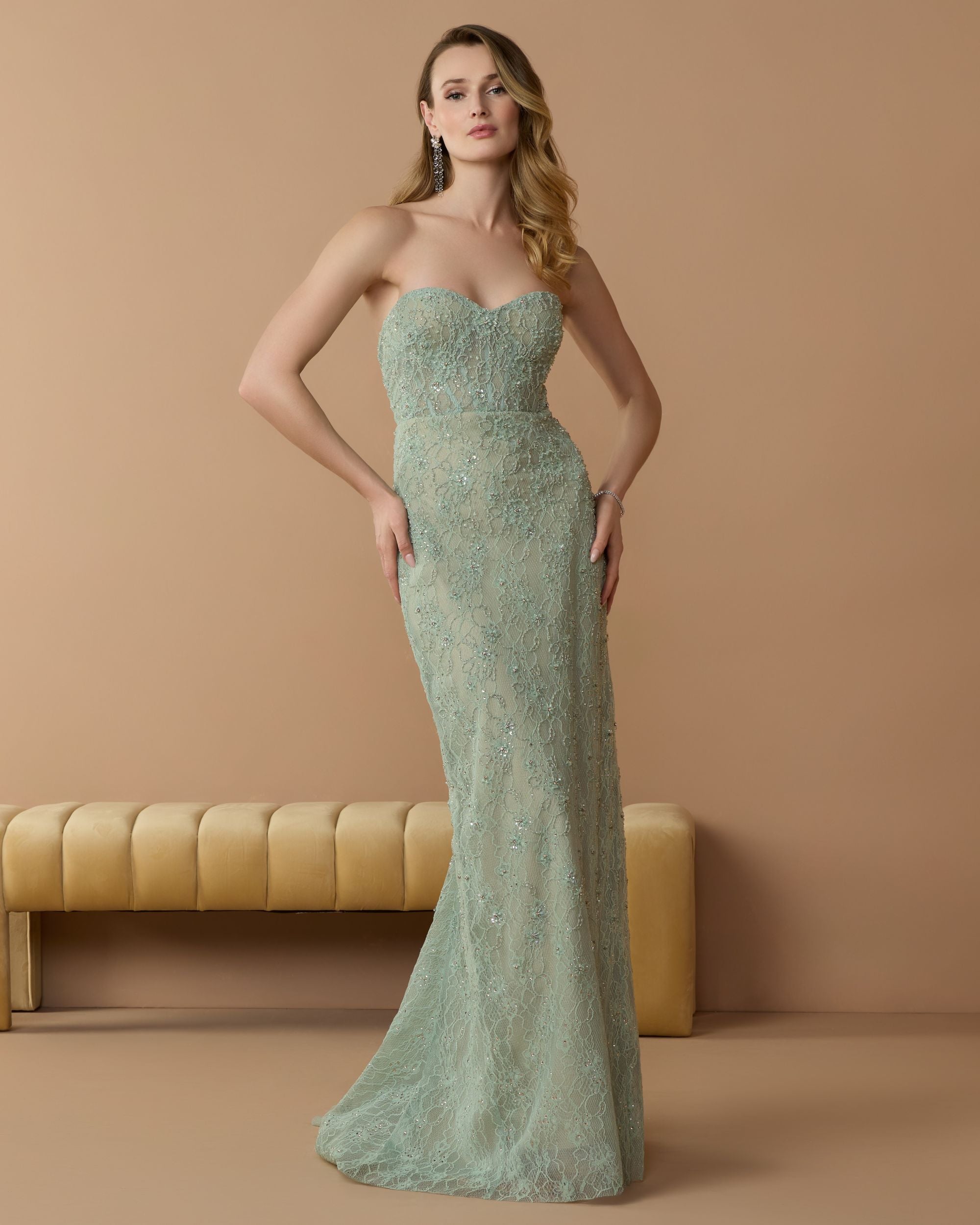 Green Embellished Strapless Bustier Gown With Sweeping Train