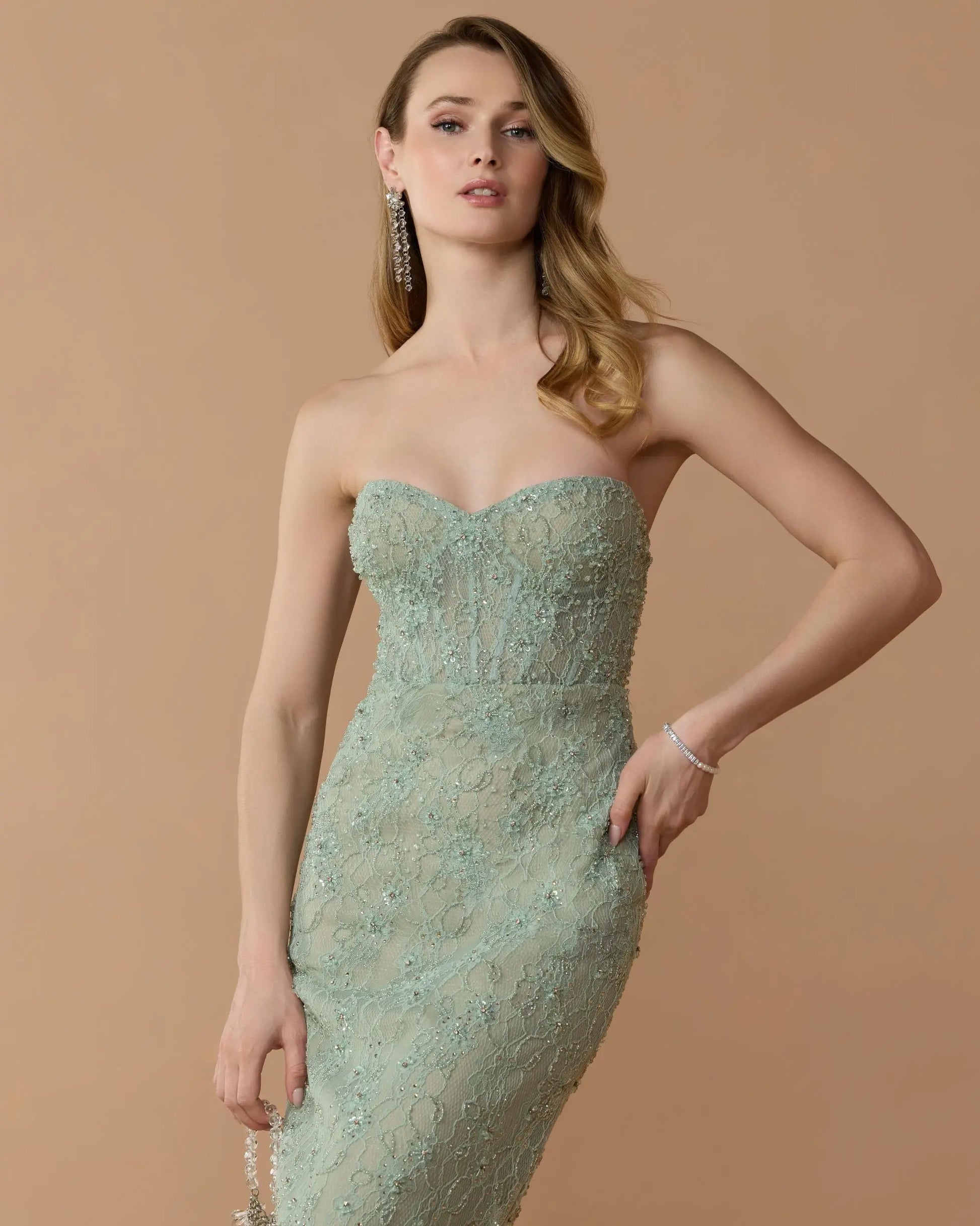 Green Embellished Strapless Bustier Gown With Sweeping Train | Mac Duggal Green Embellished Strapless Bustier Gown With Sweeping Train | Mac Duggal