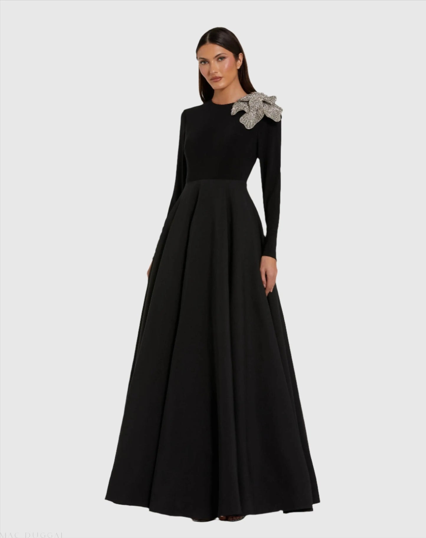 Black Long Sleeve Taffeta Ballgown with 3D Rhinestone Flower | Mac Duggal Black Long Sleeve Taffeta Ballgown with 3D Rhinestone Flower | Mac Duggal