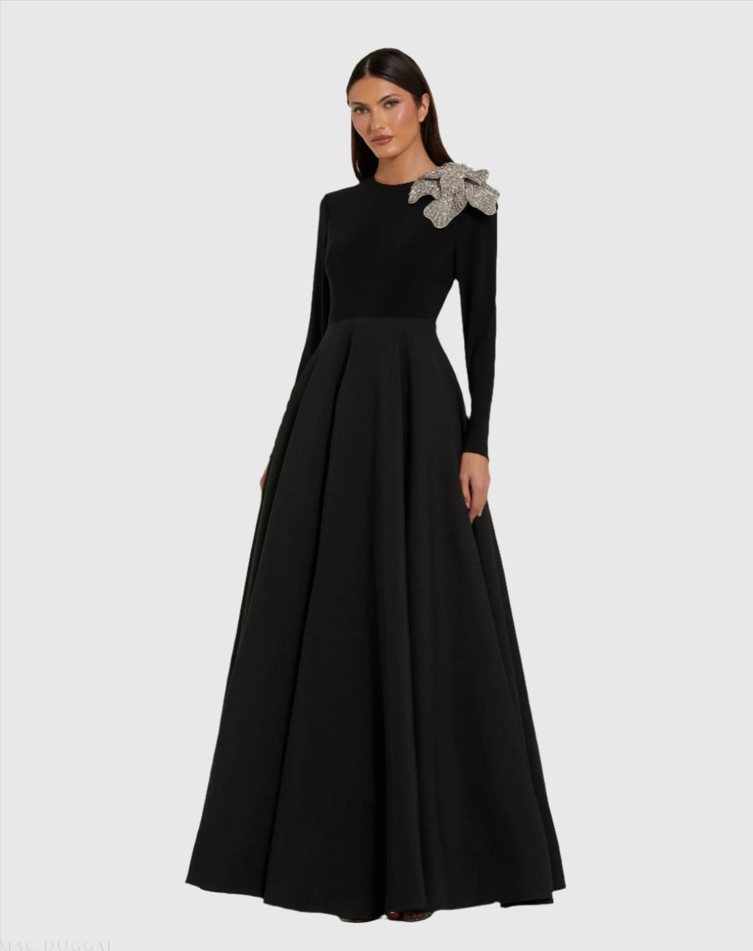 Black Long Sleeve Taffeta Ball Gown With 3D Rhinestone Flower Black Long Sleeve Taffeta Ball Gown With 3D Rhinestone Flower