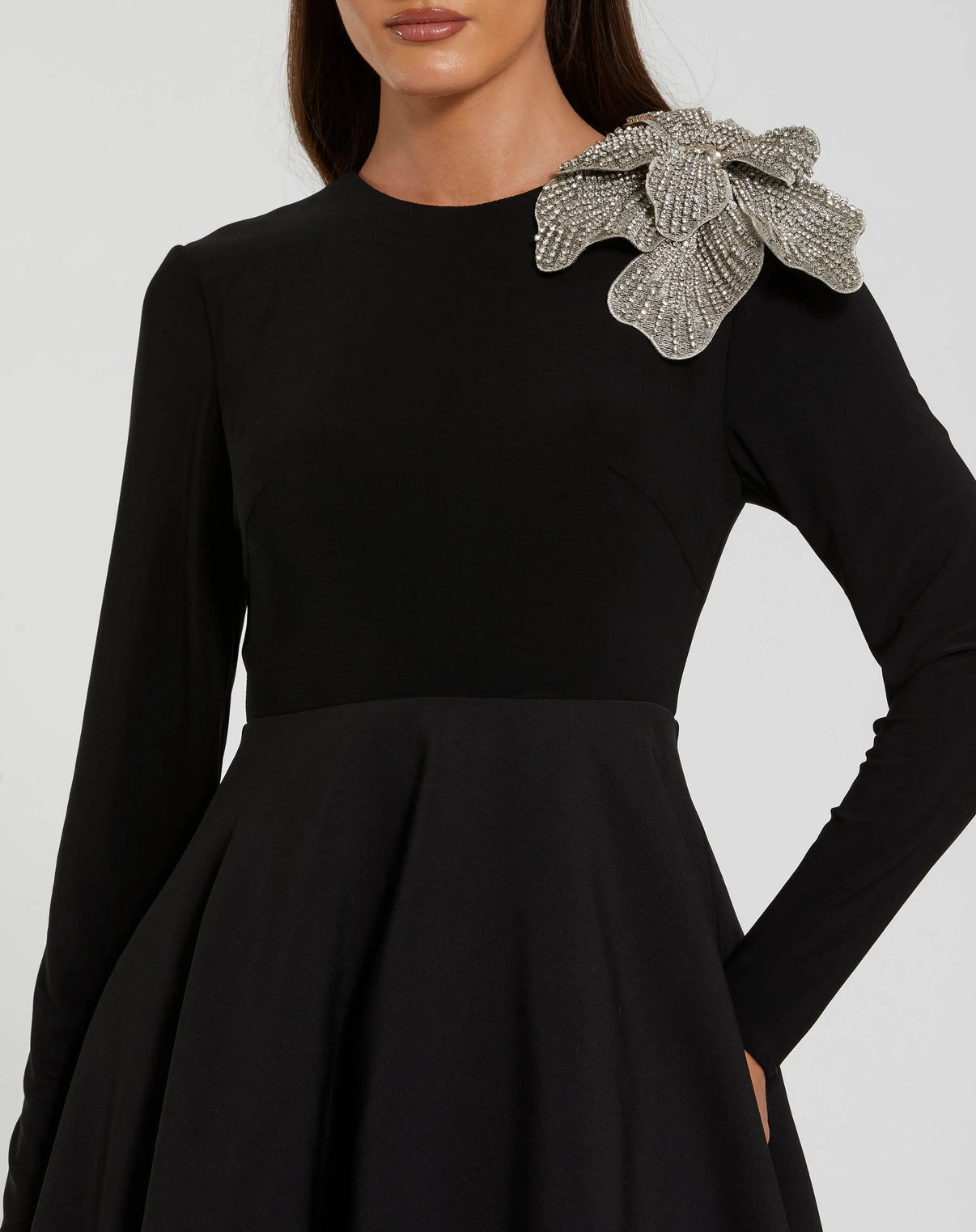 Black Long Sleeve Ball Gown with Rhinestone Flower