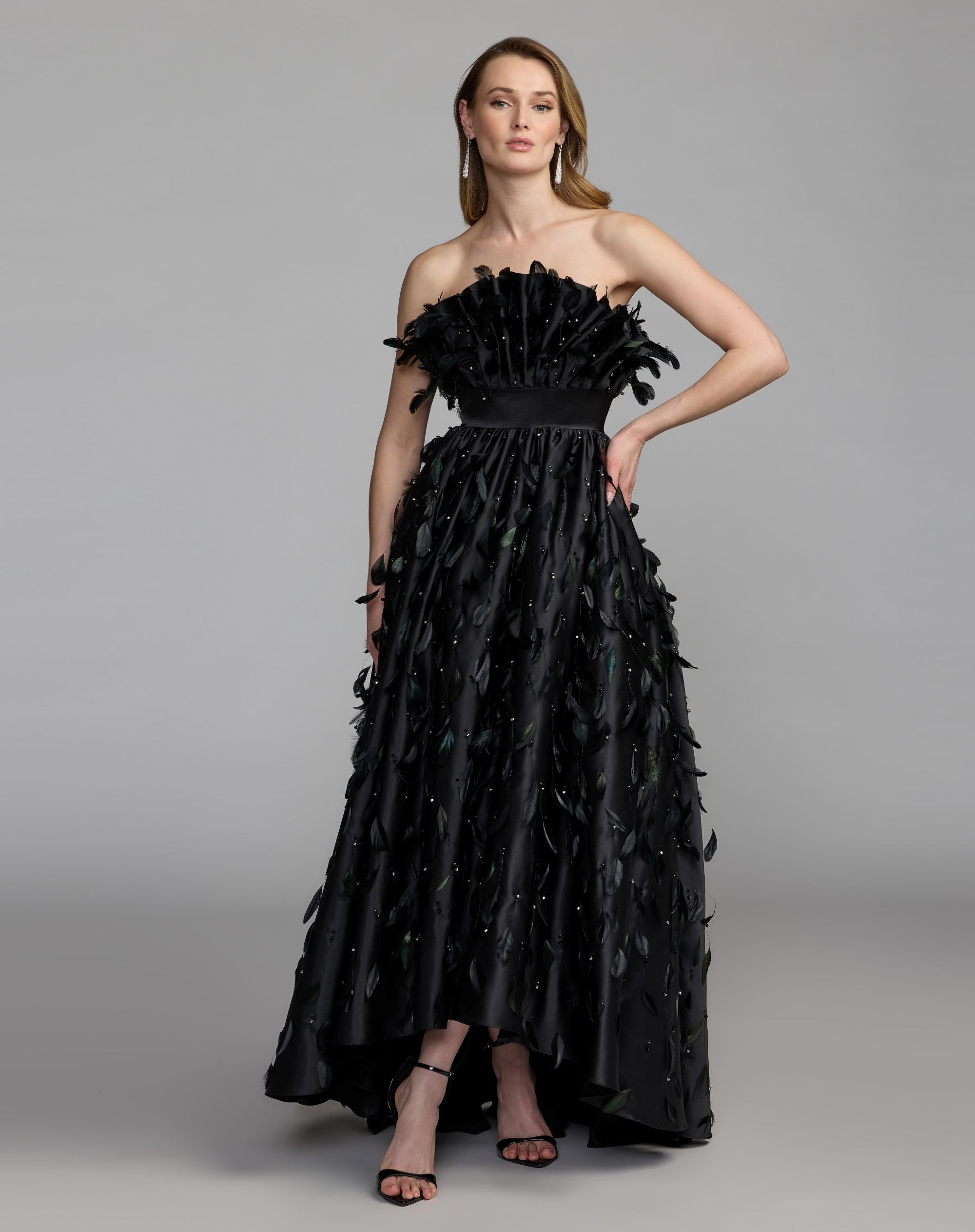 Black Strapless Feather Embellished High Low Satin Gown - Mac Duggal