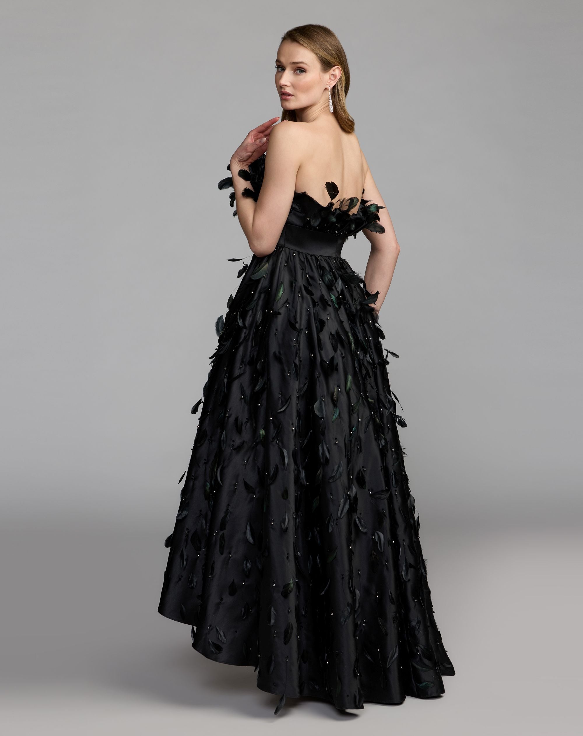 Black Strapless Feather Embellished High Low Satin Gown - Mac Duggal