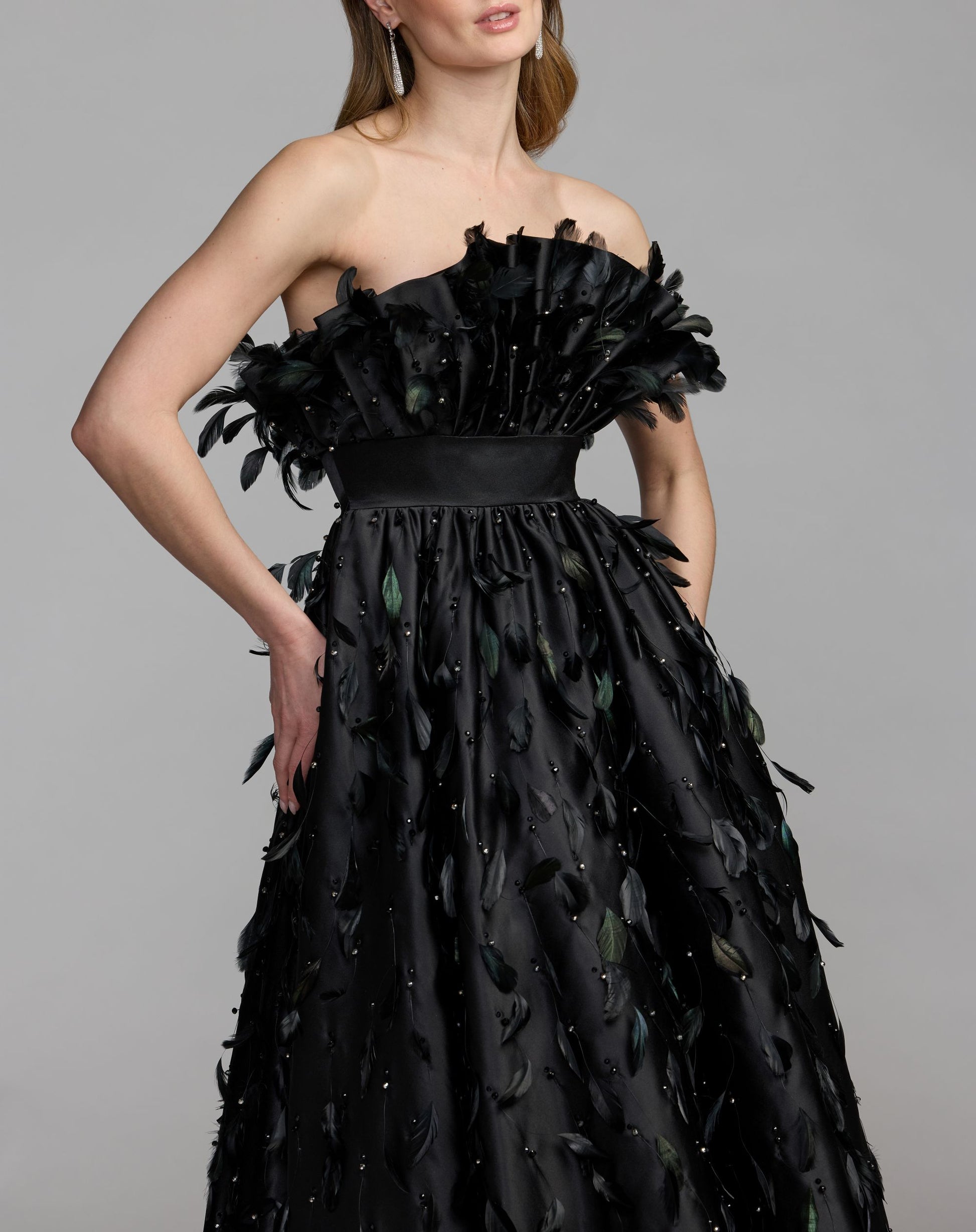 Black Strapless Feather Embellished High Low Satin Gown - Mac Duggal