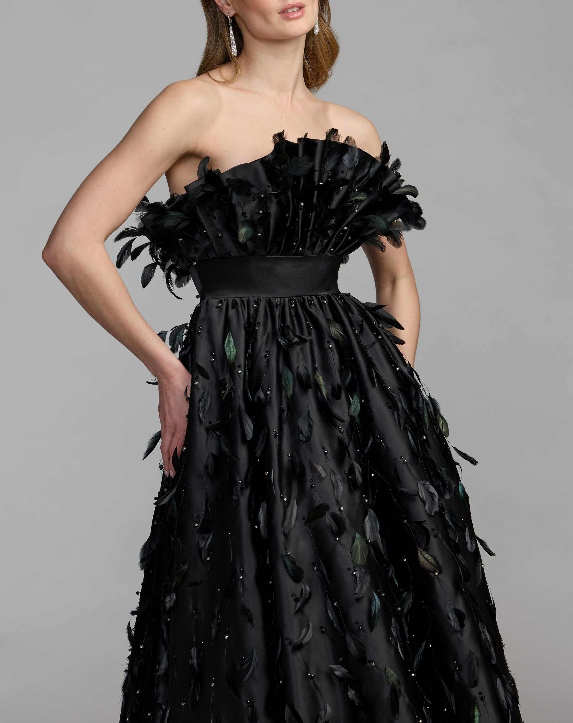 Black Strapless Feather Embellished High Low Satin Gown - Mac Duggal
