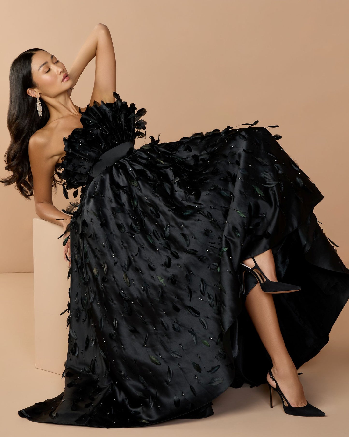 Black Strapless Feather Embellished High Low Satin Gown - Mac Duggal
