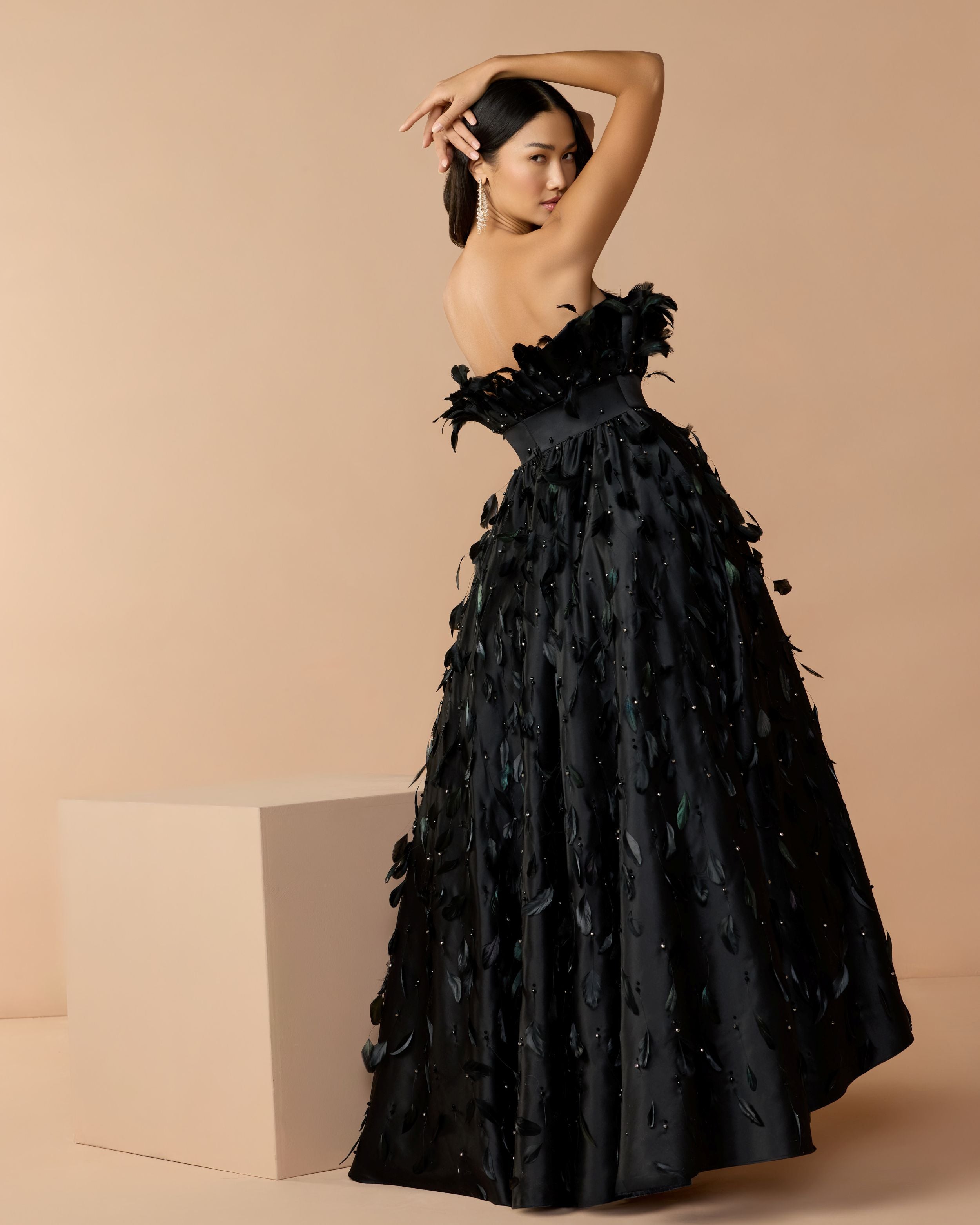 Black Strapless Feather Embellished High Low Satin Gown