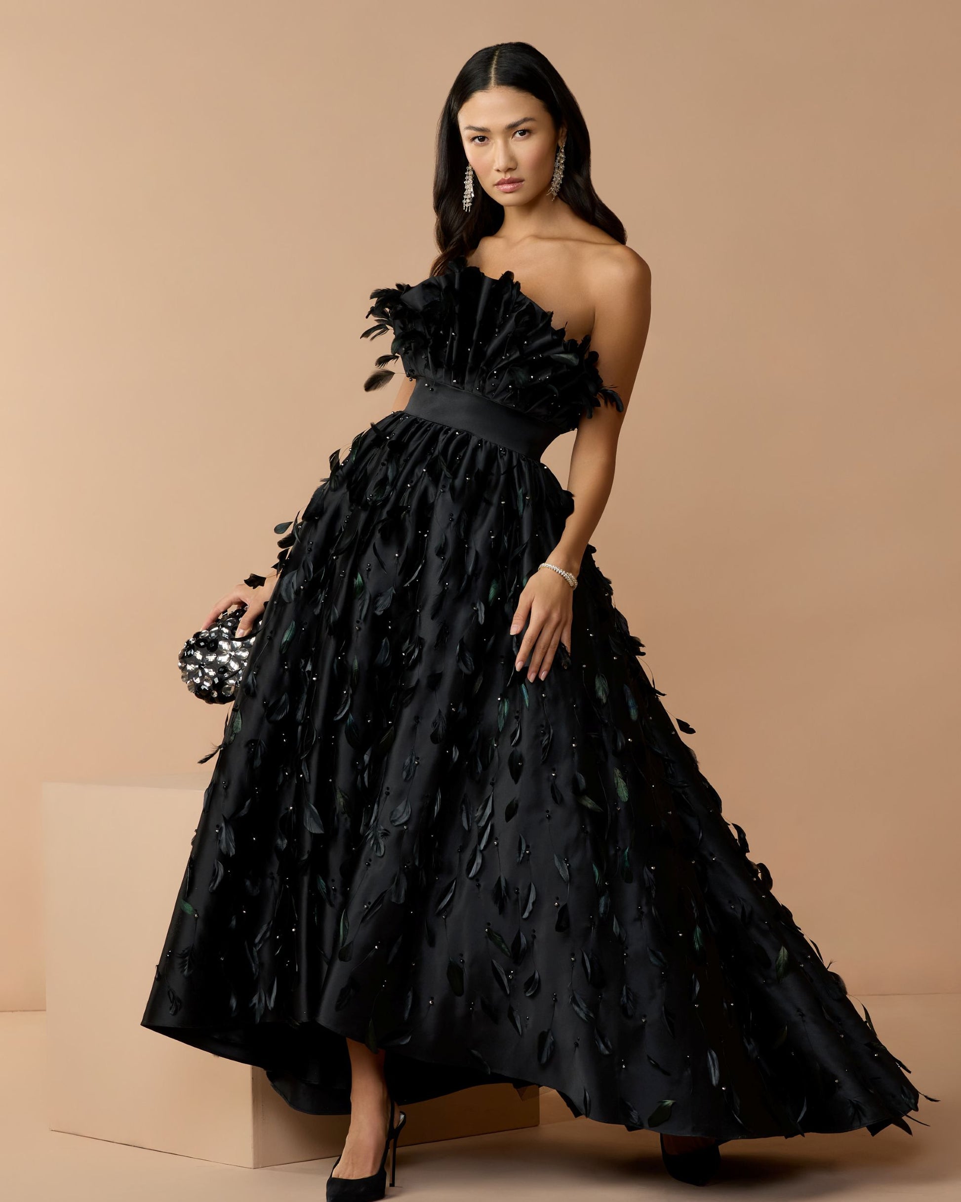 Black Strapless Feather Embellished High Low Satin Gown - Mac Duggal