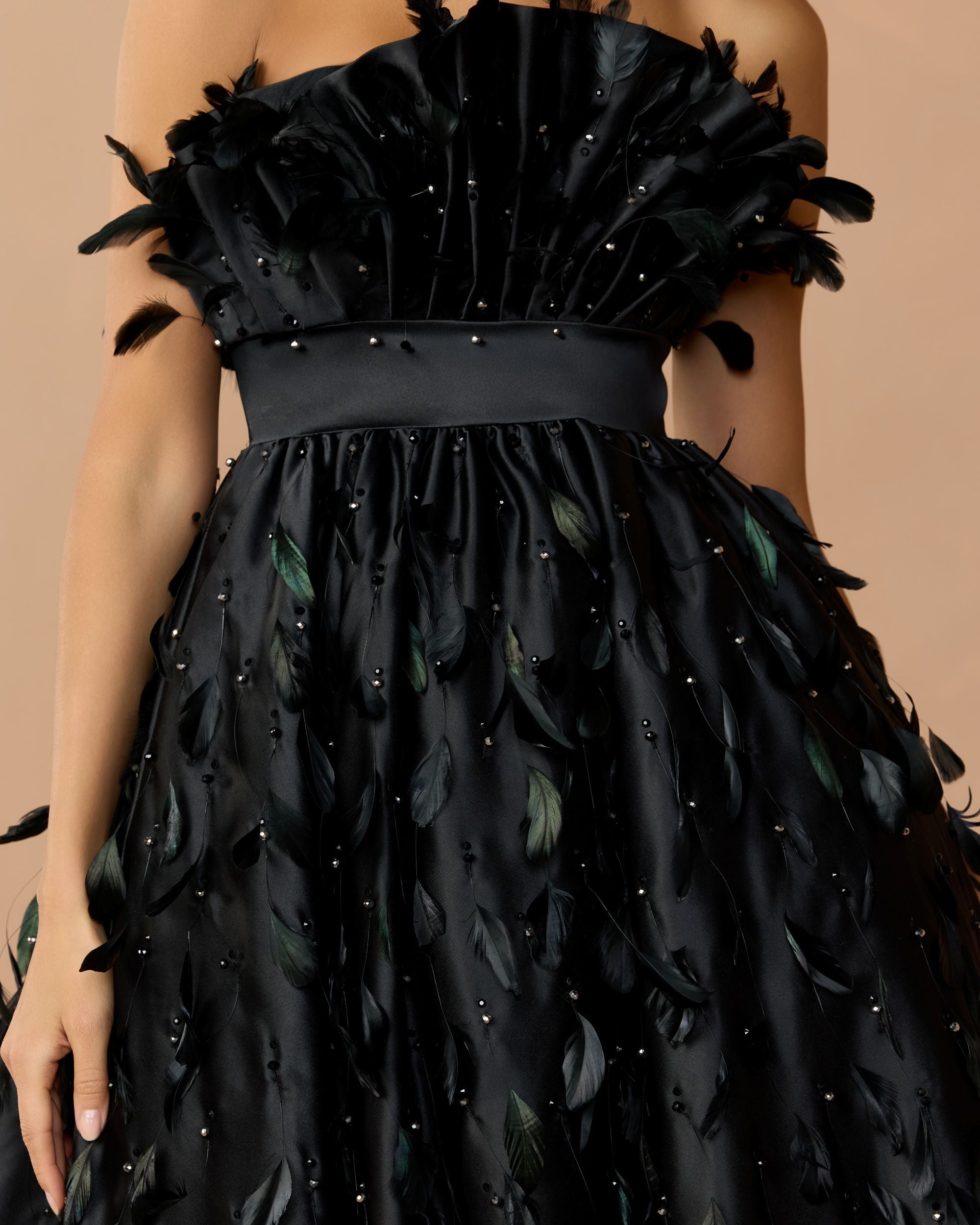 Black Strapless Feather Embellished High Low Satin Gown - Mac Duggal