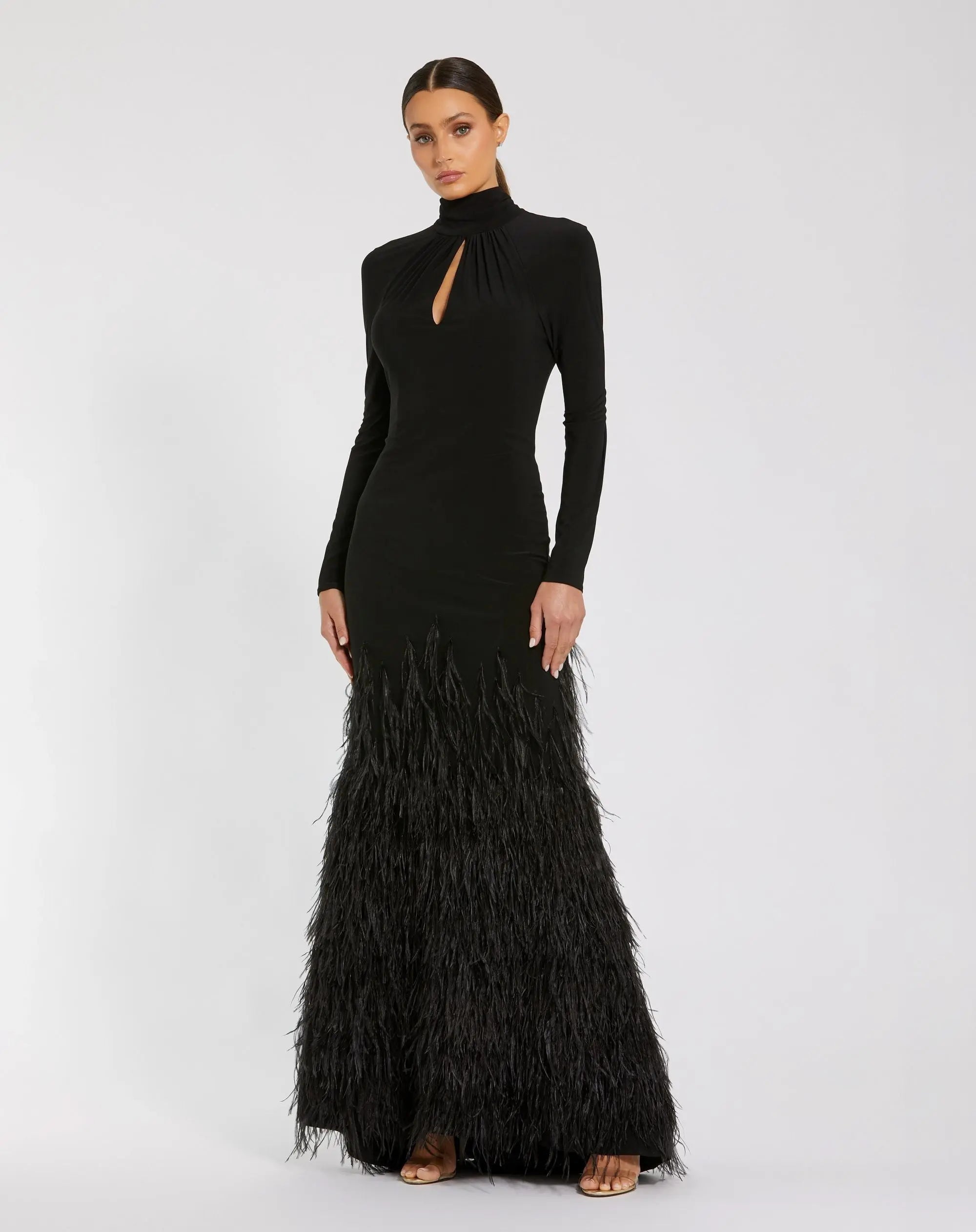 Black High Neck Feather Trim Long Sleeve Gown - Mac Duggal