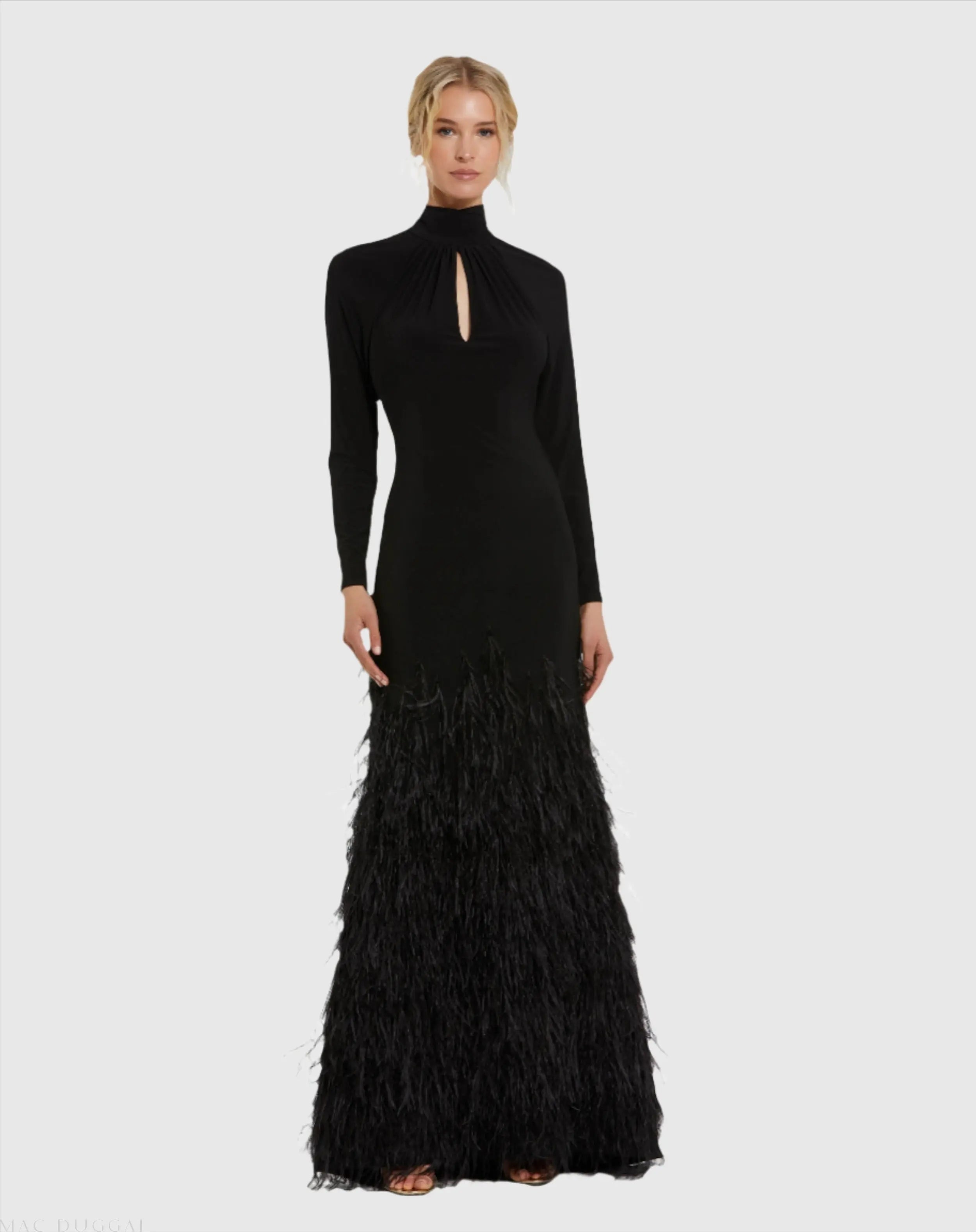 Black Jersey Long Sleeve High Neck Feather Gown - Mac Duggal