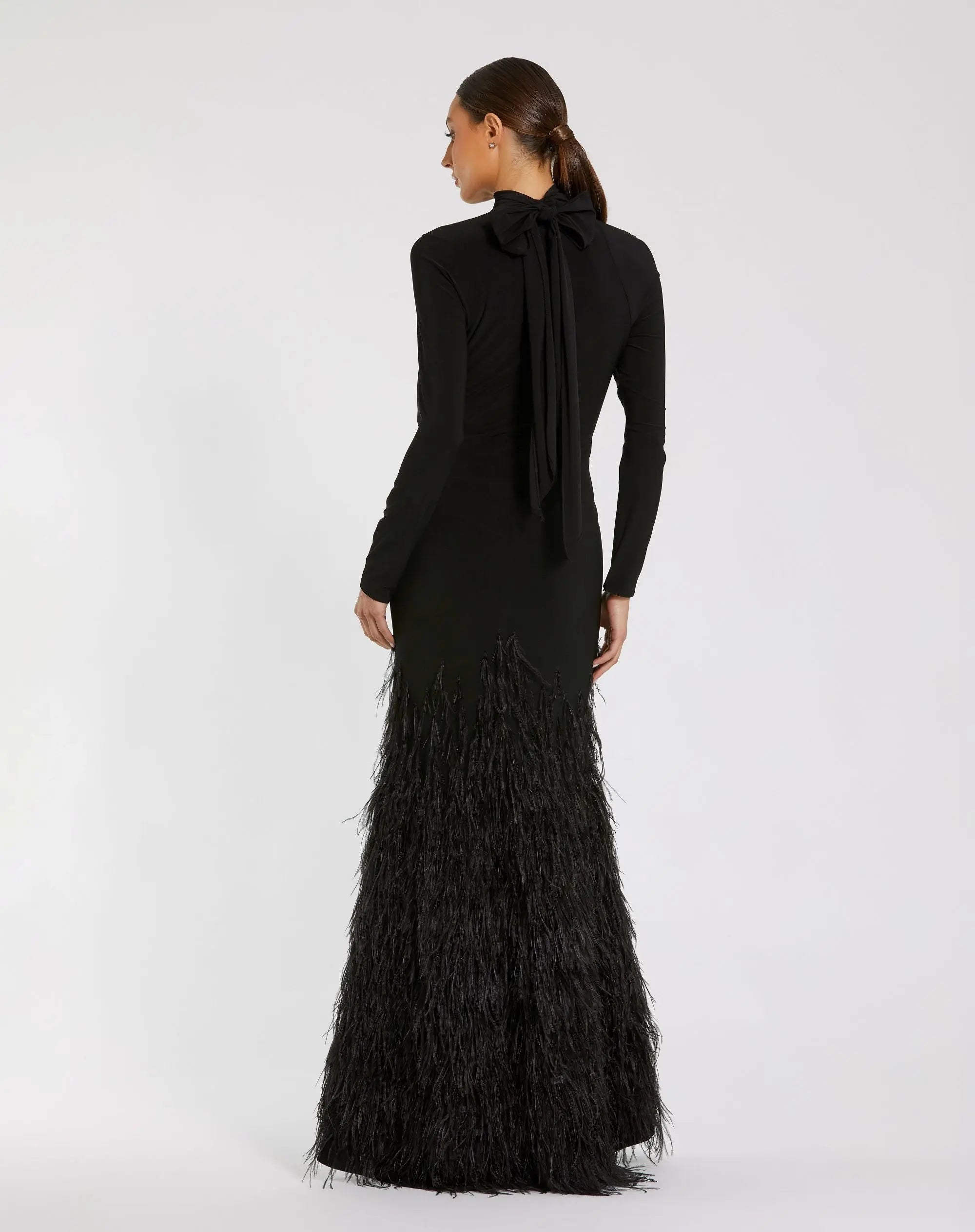 Black Long Sleeve High Neck Feather Trim Gown