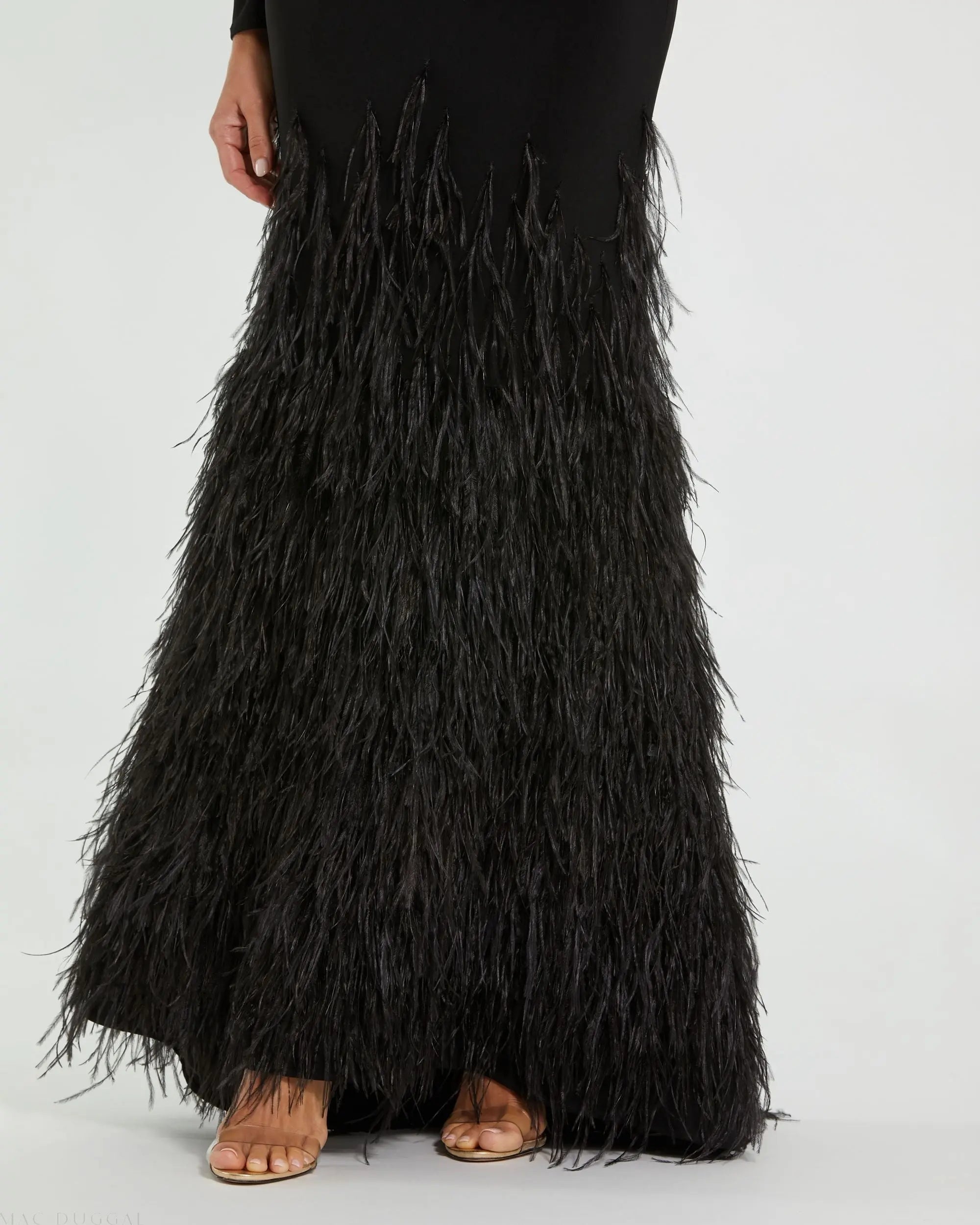 Black Jersey Long Sleeve High Neck Feather Gown - Mac Duggal
