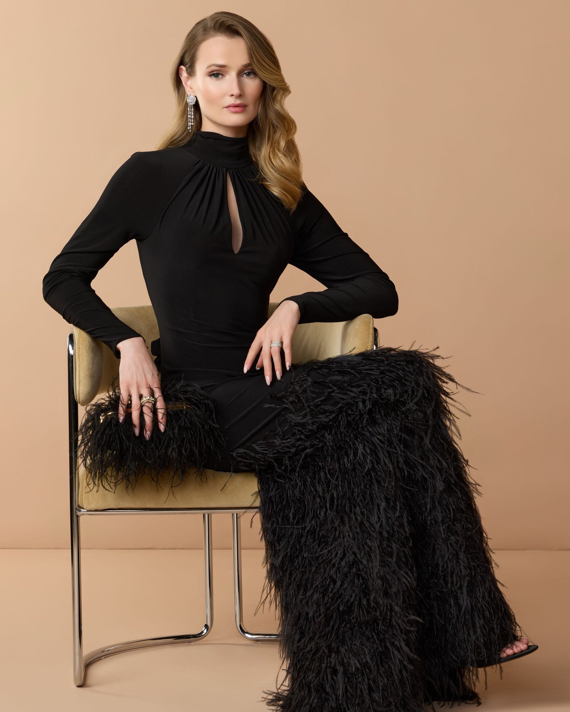 Black High Neck Feather Trim Long Sleeve Gown - Mac Duggal