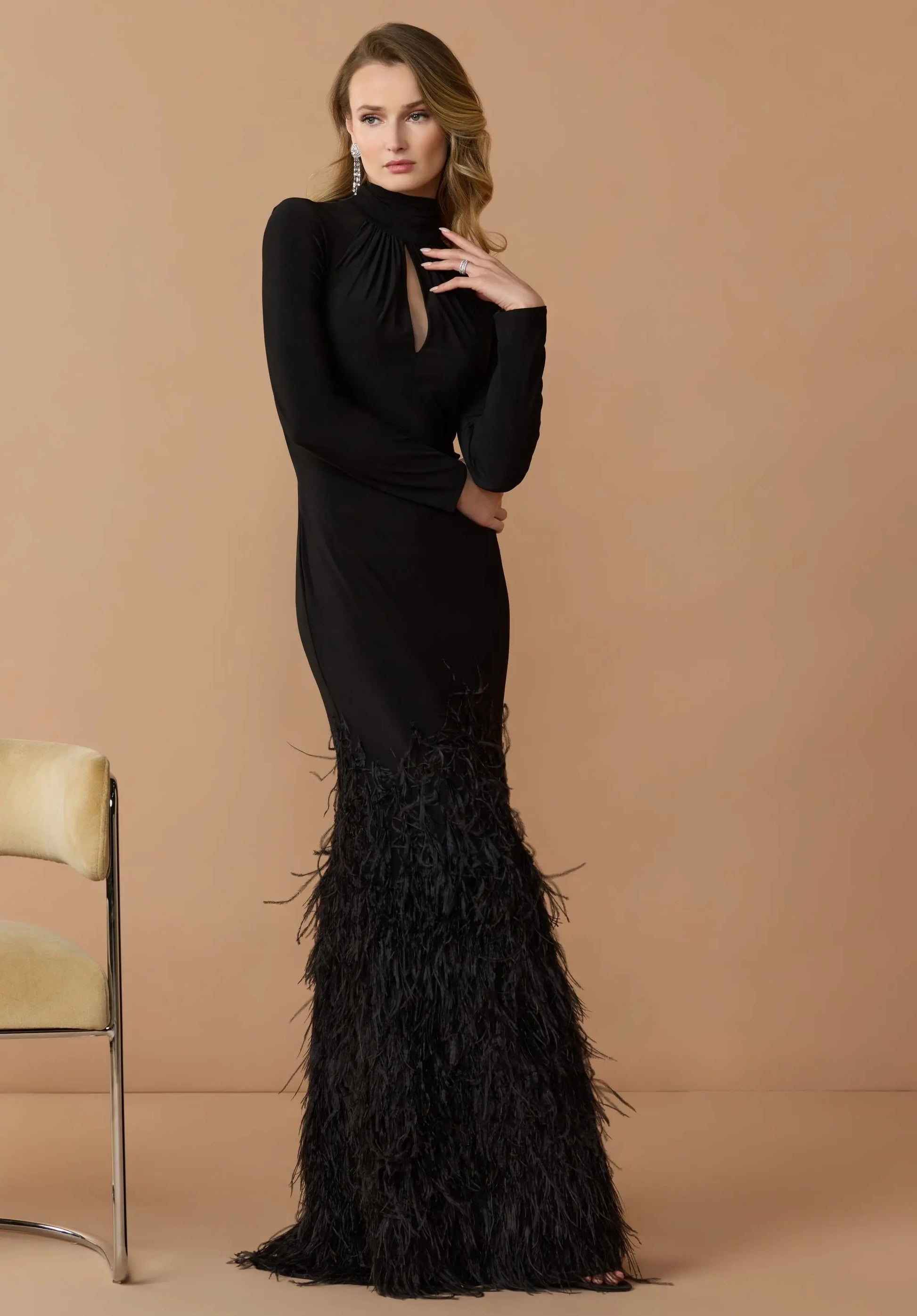 Black Feather Trim High Neck Long Sleeve Gown | Mac Duggal Black Feather Trim High Neck Long Sleeve Gown | Mac Duggal