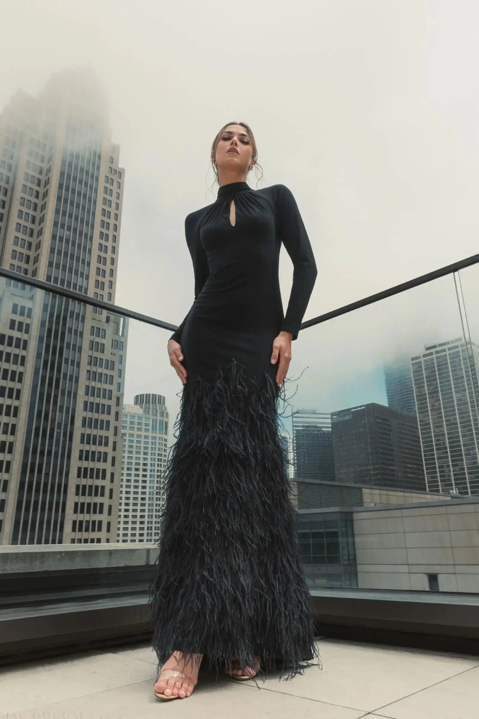 Black Jersey Long Sleeve High Neck Feather Gown - Mac Duggal