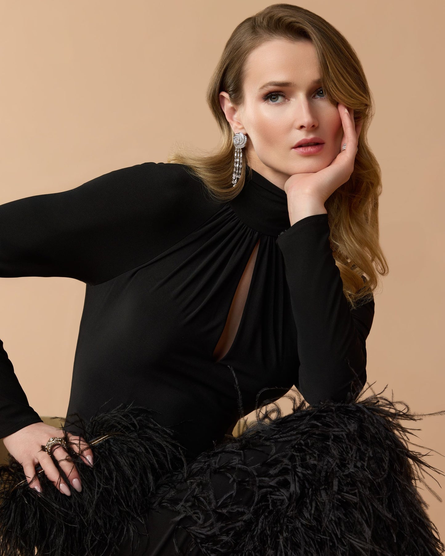 Black High Neck Feather Trim Long Sleeve Gown - Mac Duggal