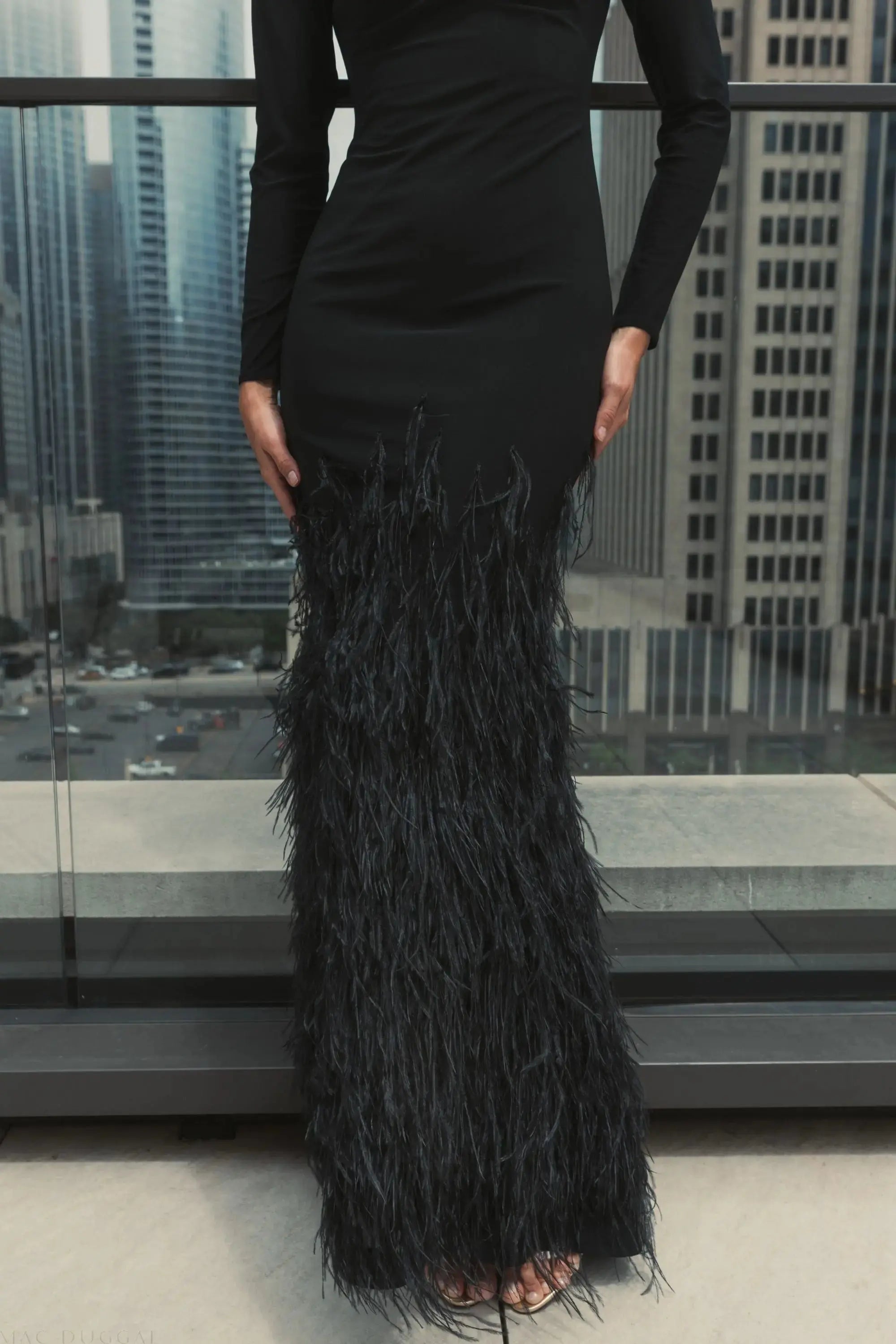 Black Jersey Long Sleeve High Neck Feather Gown - Mac Duggal