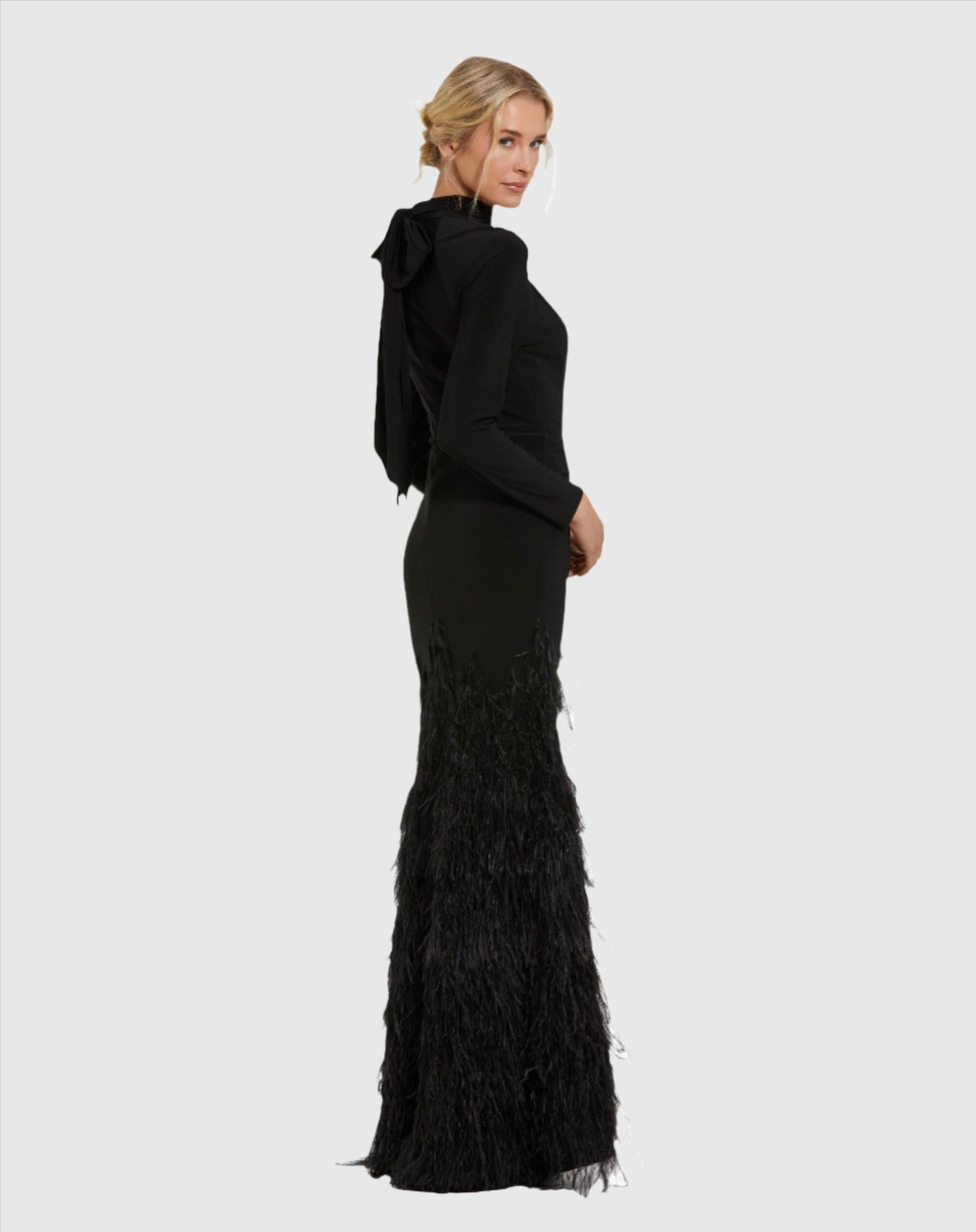 Jersey Long Sleeve High Neck Feather Gown