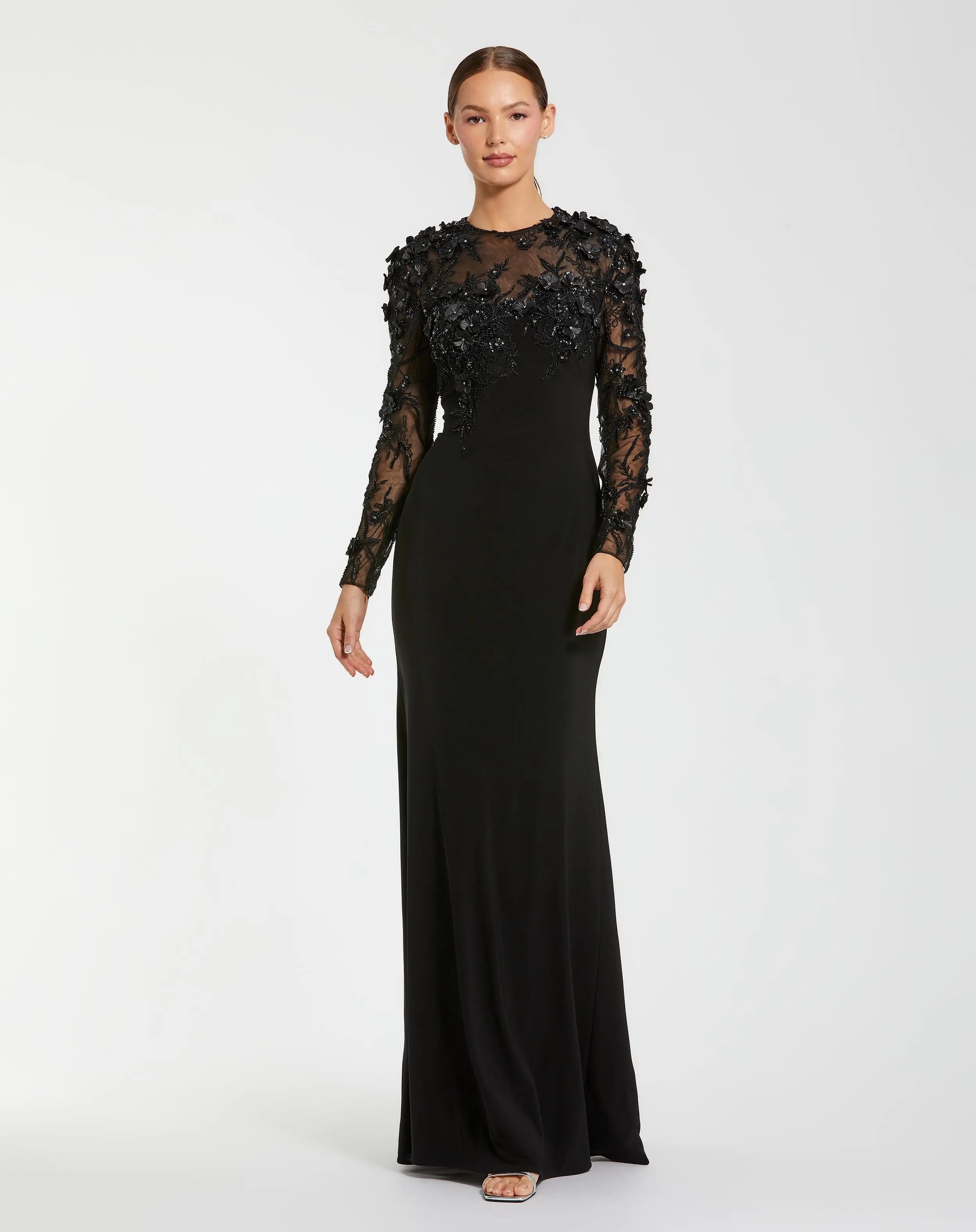 Black Jersey Long Sleeve Column Gown with Floral Embellishments - Mac Duggal