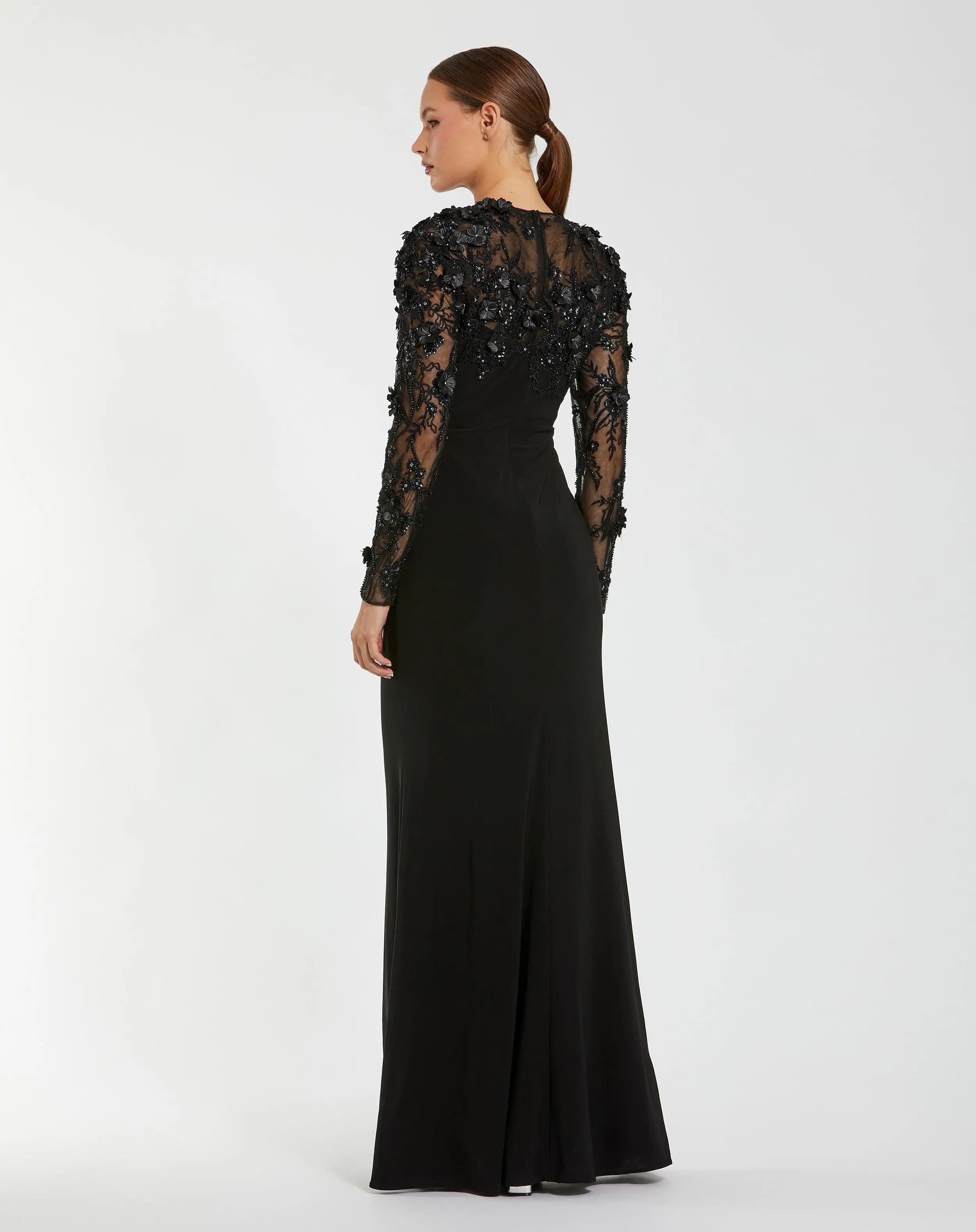 Black Jersey Long Sleeve Column Gown with Floral Embellishments - Mac Duggal