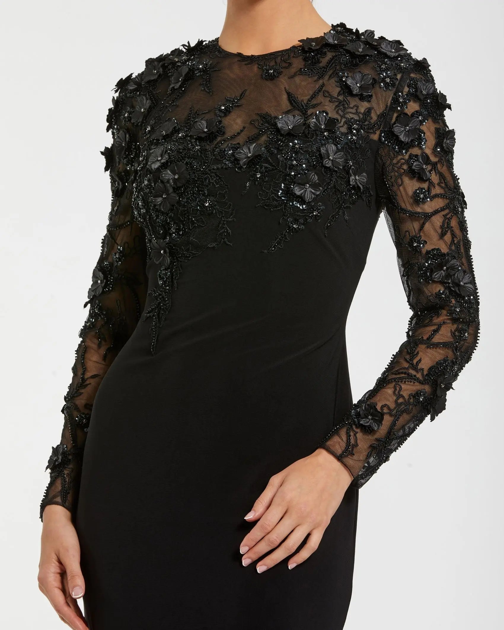 Black Jersey Long Sleeve Column Gown with Floral Embellishments Mac Duggal