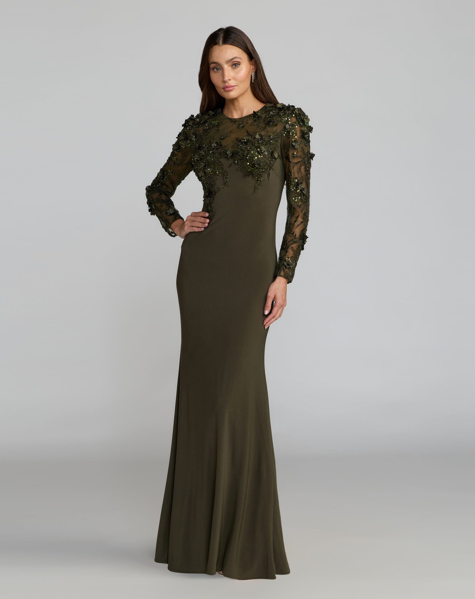 Green Long Sleeve Floral Embellished Column Gown - Mac Duggal