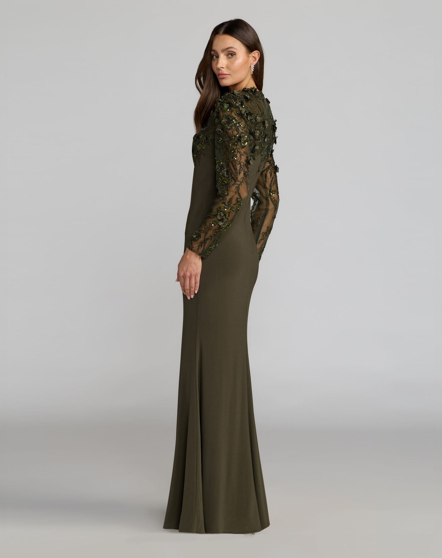 Green Long Sleeve Floral Embellished Column Gown - Mac Duggal
