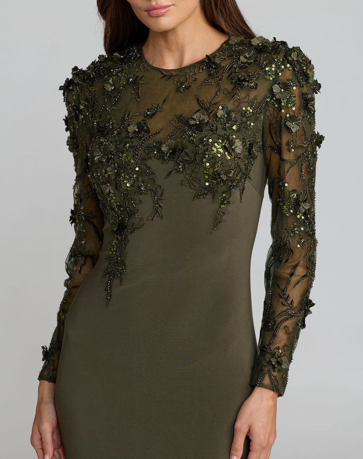 Green Long Sleeve Floral Embellished Column Gown - Mac Duggal