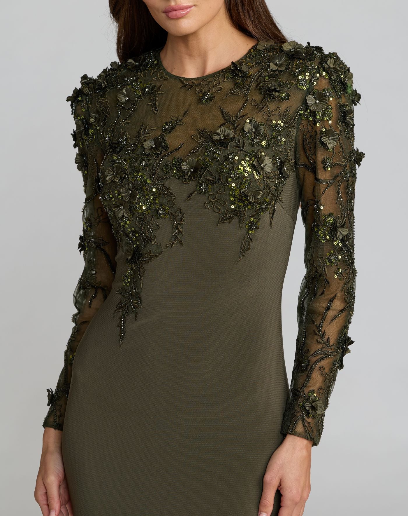 Green Long Sleeve Floral Embellished Column Gown - Mac Duggal