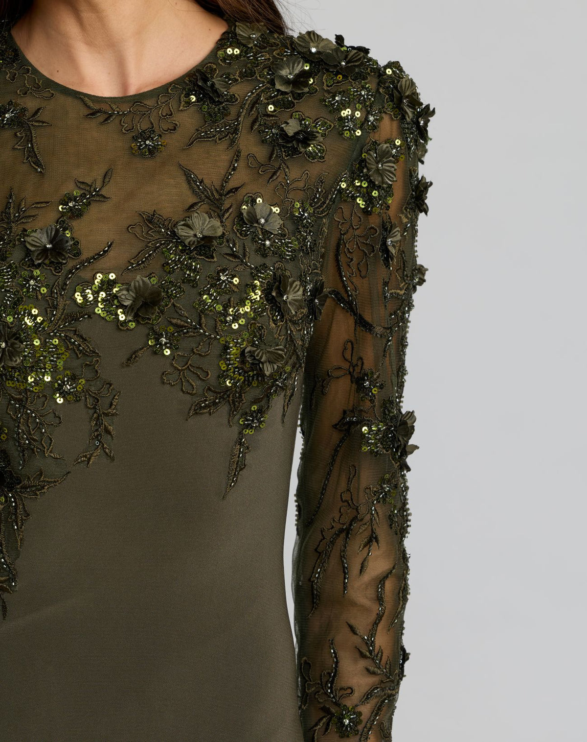 Green Long Sleeve Floral Embellished Column Gown - Mac Duggal