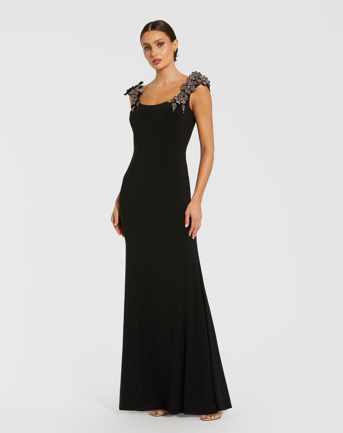 Black Jersey Scoop Neck Gown with 3D Flower Details - Mac Duggal