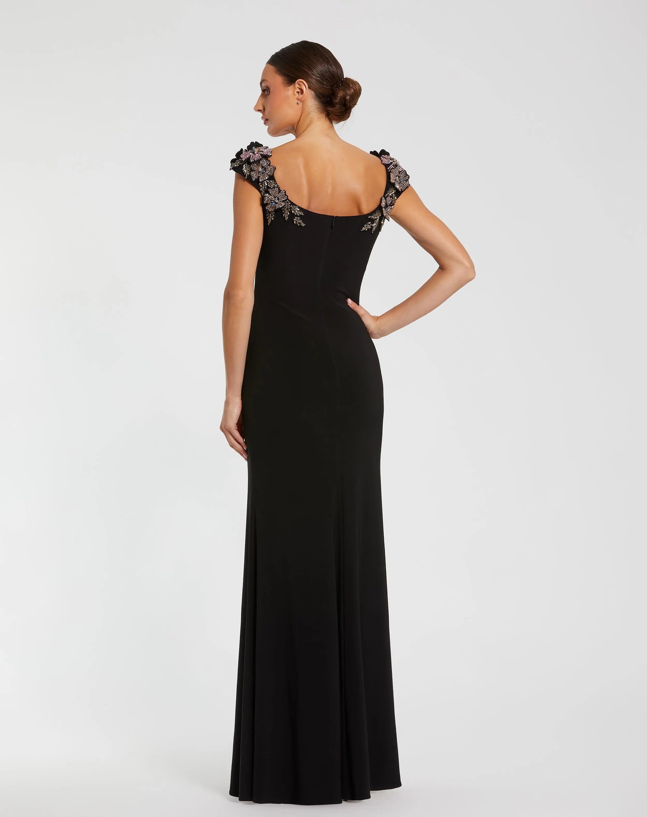 Black Jersey Scoop Neck Gown with 3D Flower Details - Mac Duggal